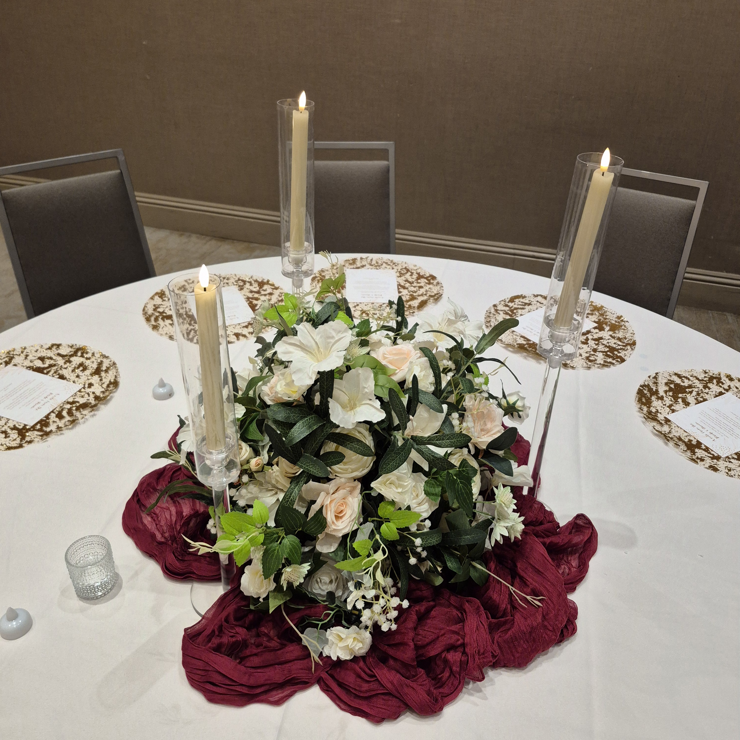 #C0100 - White Pink Rose Greenery Flower Ball with 3 Clear Tall Candles , $50.00 White Pink Rose Greenery Flower Ball with 3 Clear Tall Candles
