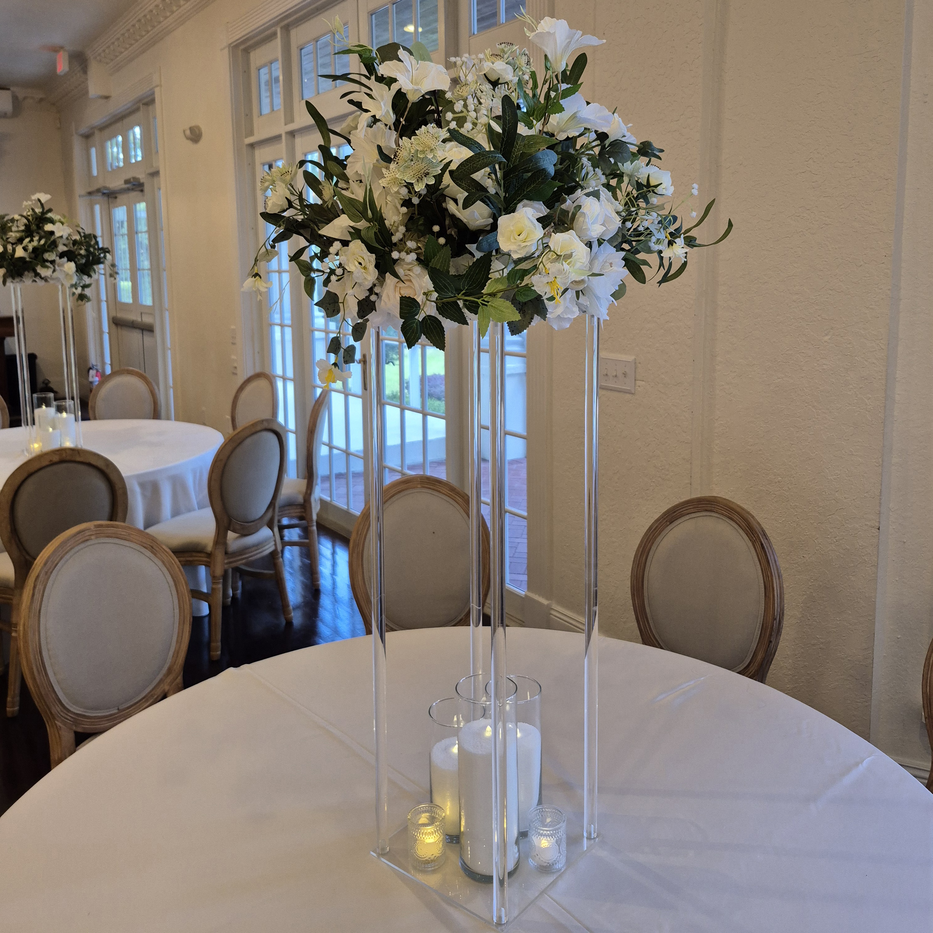 #C0115 - White Rose Greenery Ball 20", Clear Stand, 3 Sand Wax Candles, $55.00 White Rose Greenery Ball 20", Clear Stand, 3 Sand Wax Candles