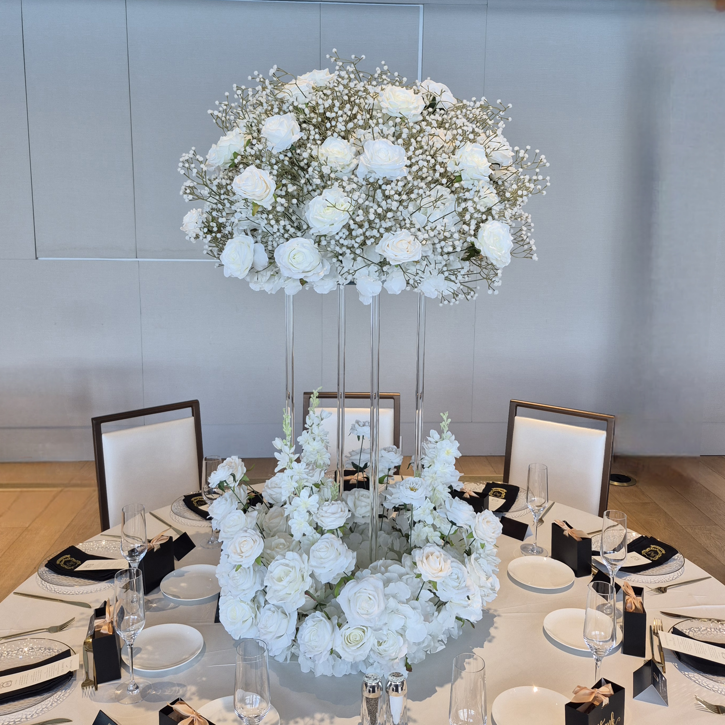 #C0116 - Luxury White Rose Babysbreath Ball 31", Clear Stand, Circle Flower Centerpiece , $105.00 Luxury White Rose Babysbreath Ball 31", Clear Stand, Circle Flower Centerpiece