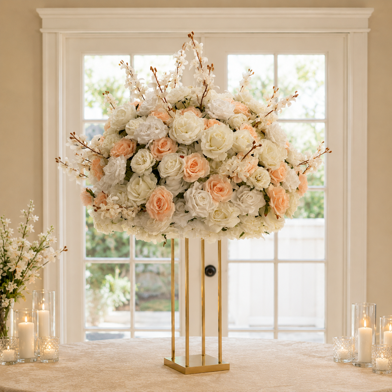 #C0053 - Luxury White Peach Rose Delphinium Centerpiece 2.4 ft, $75.00 Luxury White Peach Rose Delphinium Centerpiece 2.4 ft
