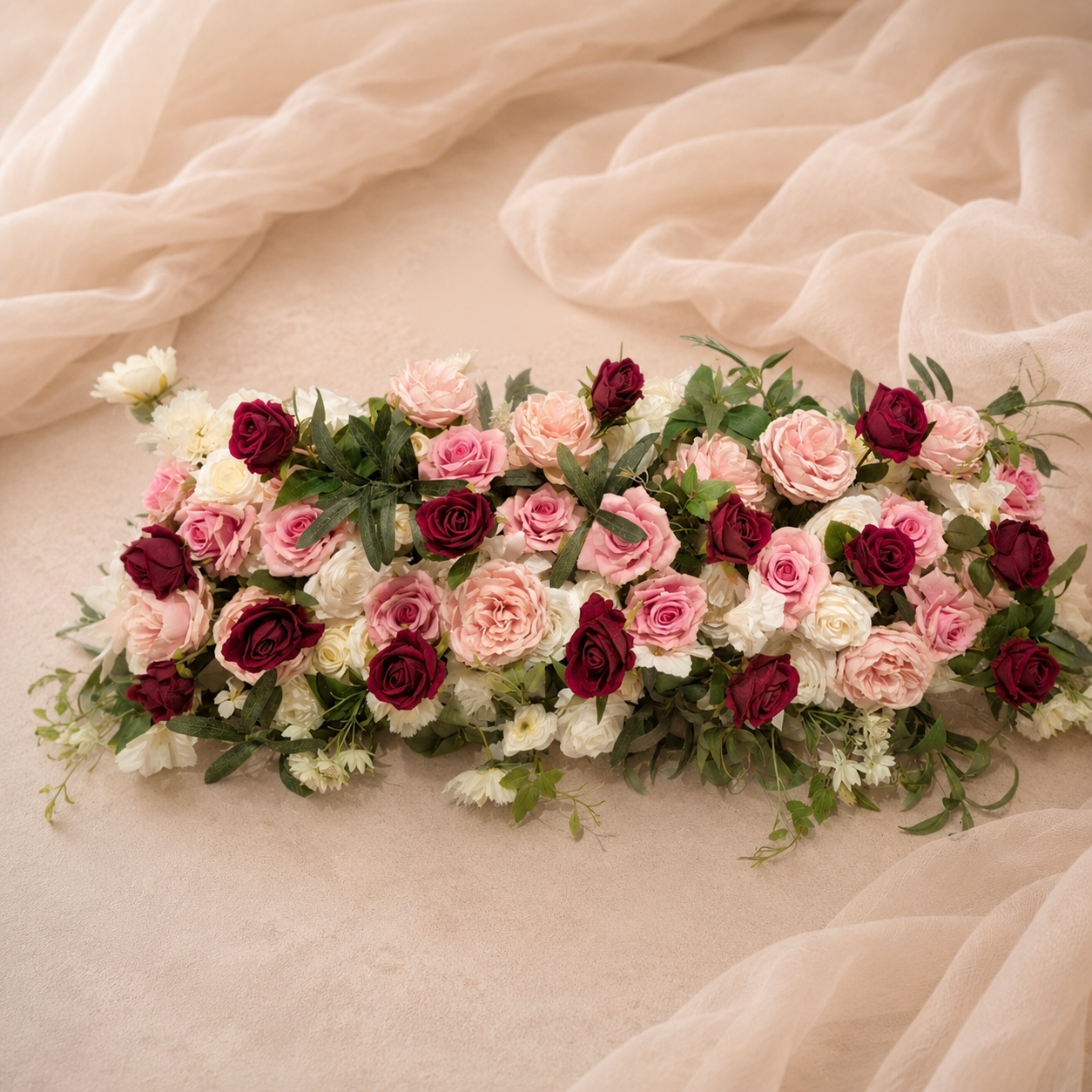 #C0131 - White Pink Burgundy Rose Greenery Runner 3.2ft, $60.00 White Pink Burgundy Rose Greenery Runner 3.2ft