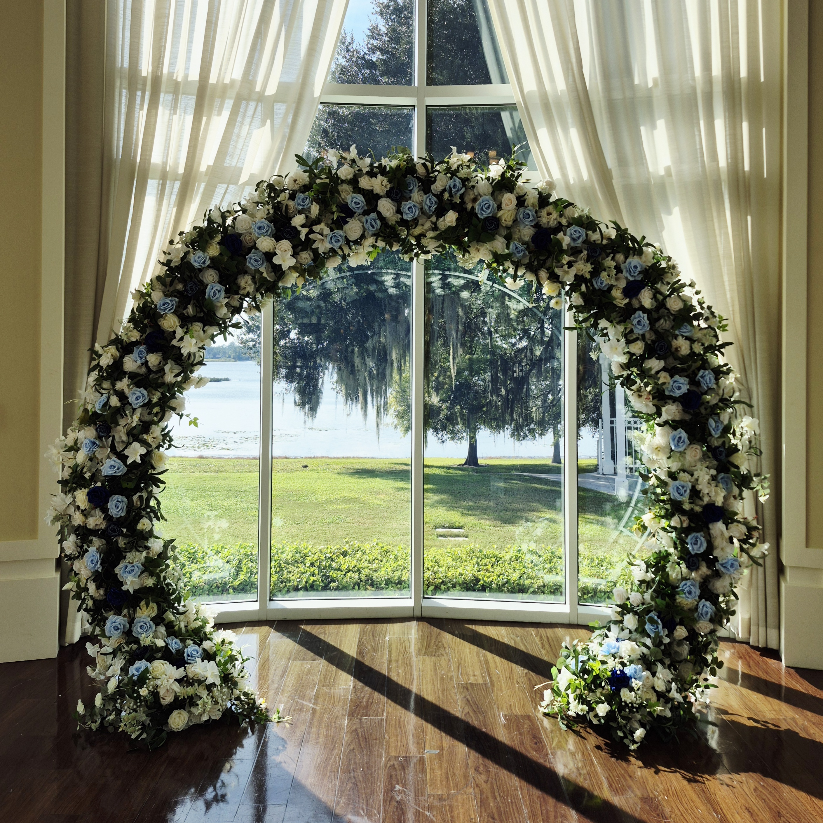 #B0056 - White Blue Rose Greenery Round Arch, $325.00 White Blue Rose Greenery Round Arch