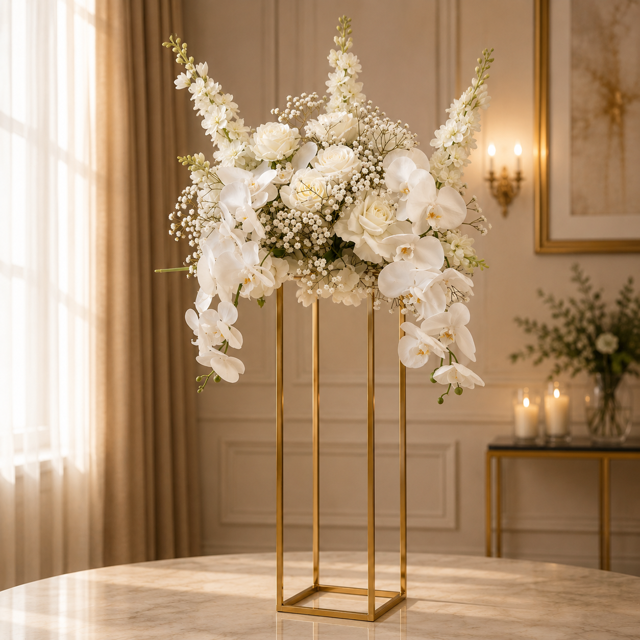 #C0057 - White Rose Babysbreath Orchid Delphinium Centerpiece 17.7", $55.00 White Rose Babysbreath Orchid Delphinium Centerpiece 17.7"