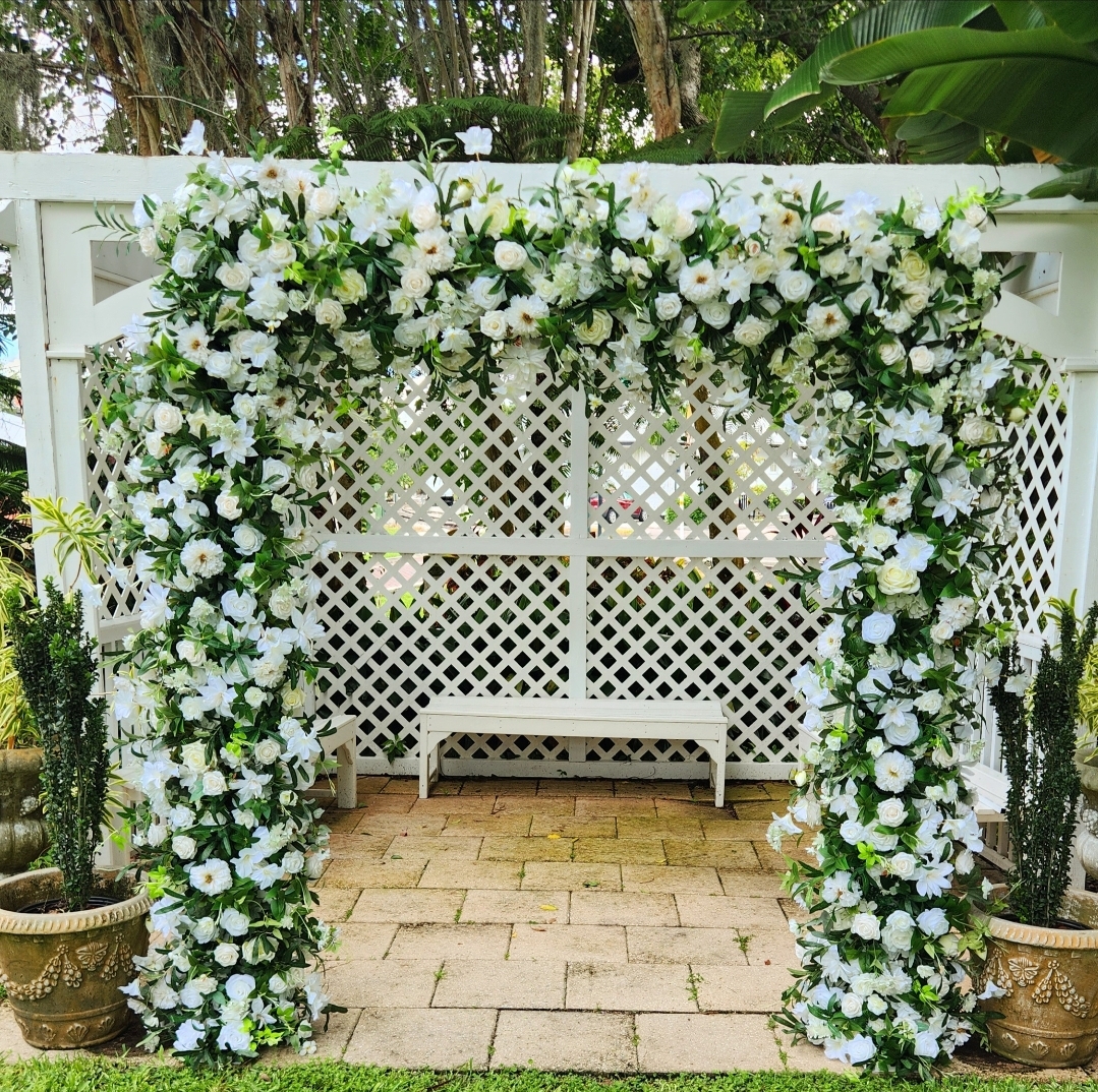 #B0027 - White Rose Green Leaves Flower Arch , $295.00 White Rose Green Leaves Flower Arch