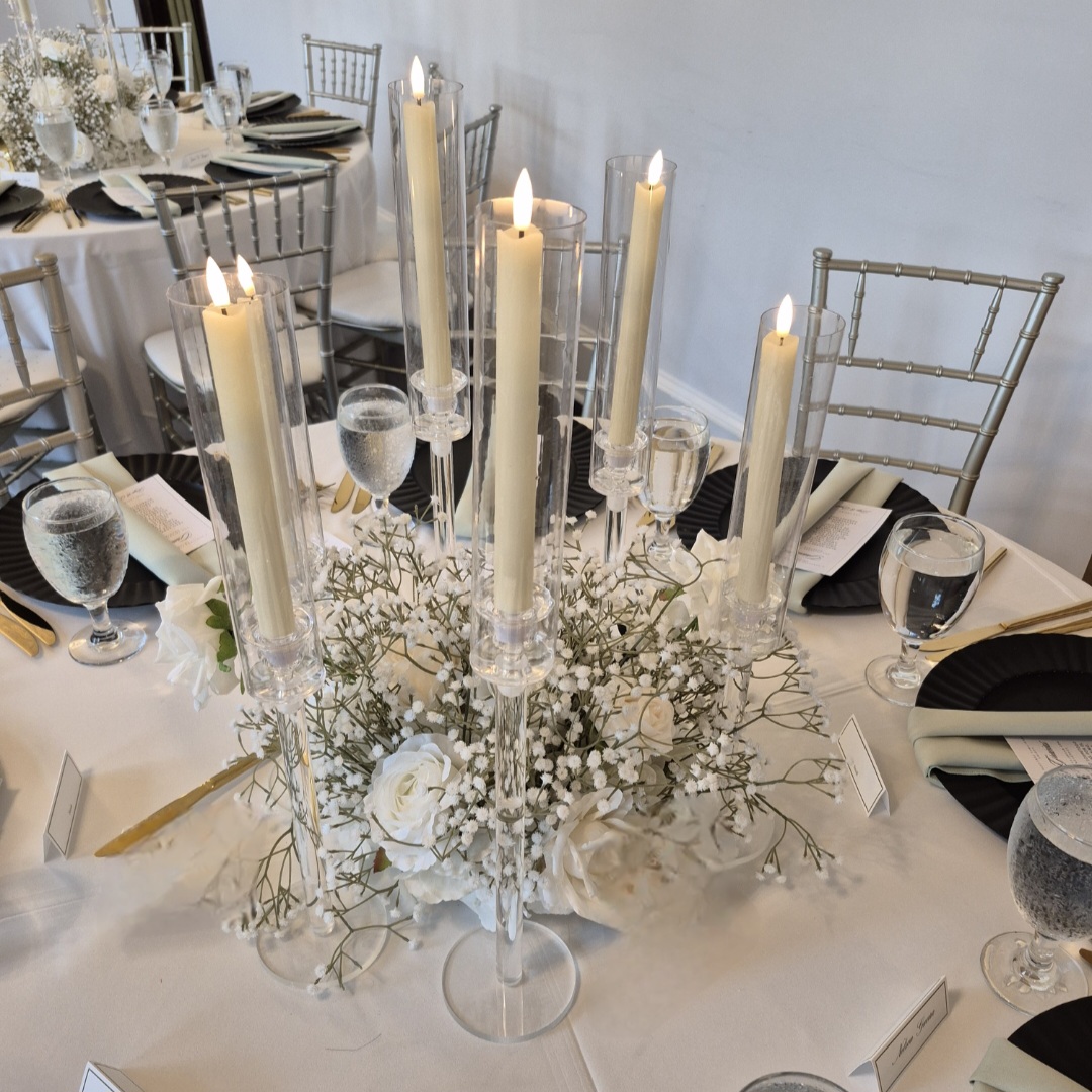 #C0098 - White Rose Babysbreath Centerpiece 14" with 5 Tall Candles , $40.00 White Rose Babysbreath Centerpiece 14" with 5 Tall Candles