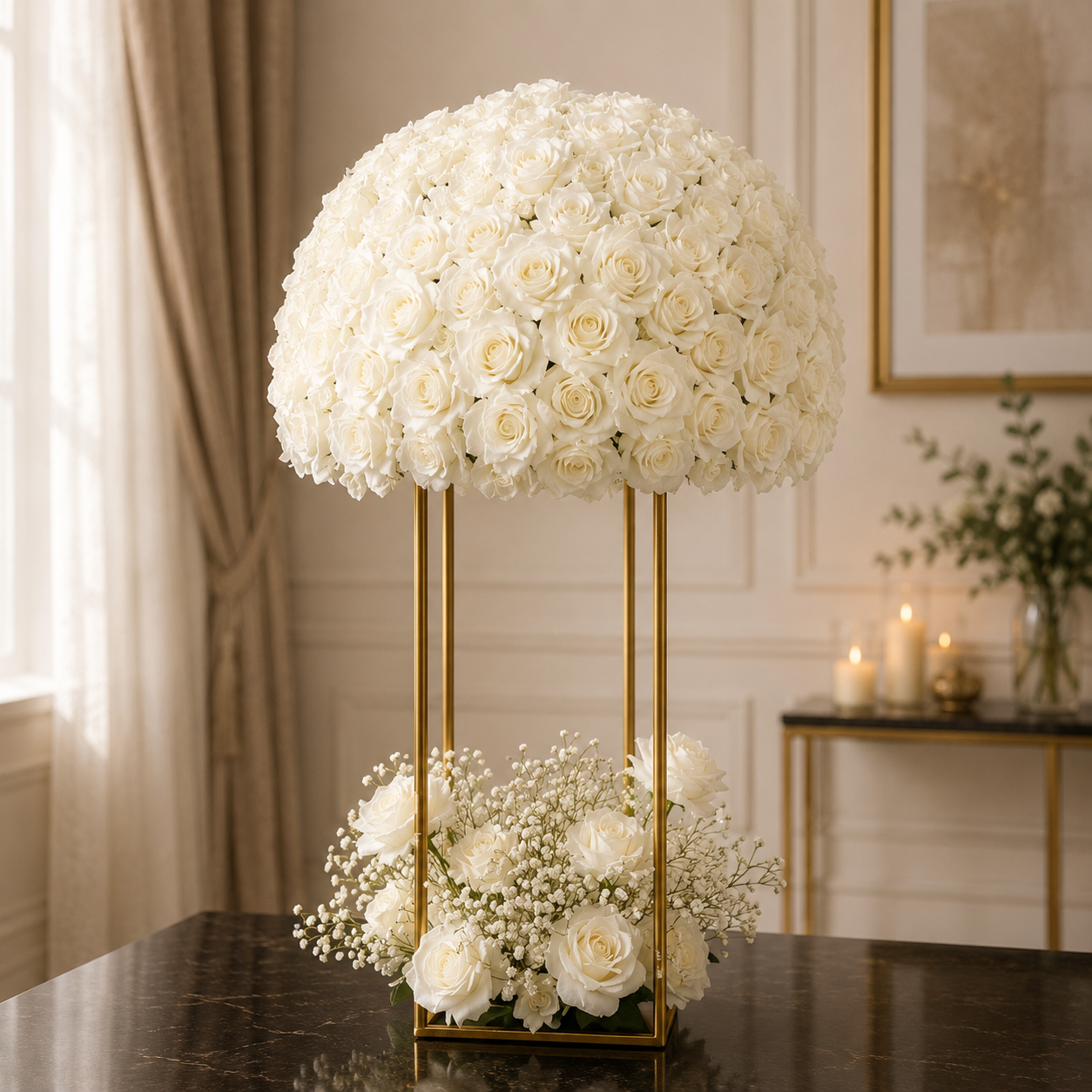 #C0114 - White Rose Ball 20", Gold Stand, Babysbreath Ball 14", $55.00 White Rose Ball 20", Gold Stand, Babysbreath Ball 14"
