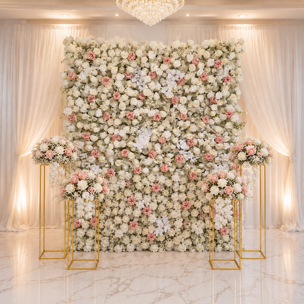#D0007 - White Pink Rose Babysbreath Wall & 4 Stands wuth Flower Balls, $490.00 White Pink Rose Babysbreath Wall & 4 Stands wuth Flower Balls