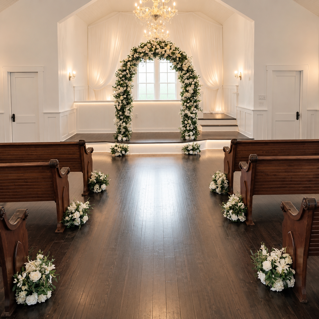 #AD0006 - 8 White Rose Greenery Balls & U-frame Arch, $410.00 8 White Rose Greenery Balls & U-frame Arch