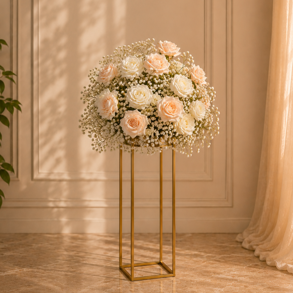 #C0061 - White Pink Rose Babysbreath Centerpiece 17.7", $35.00 White Pink Rose Babysbreath Centerpiece 17.7"