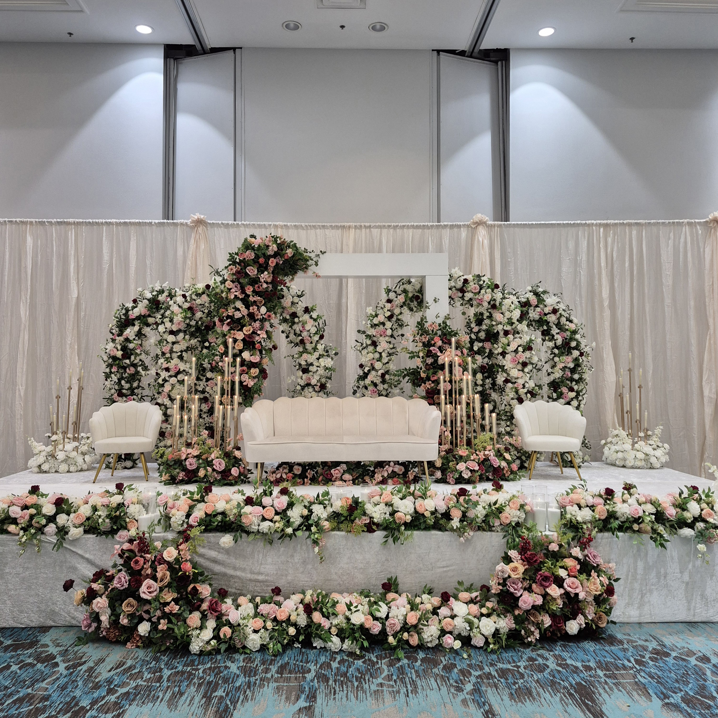 #AA0011 - Set: Florals, Sofa, Chairs, Candles, $2 700.00 Set: Florals, Sofa, Chairs, Candles