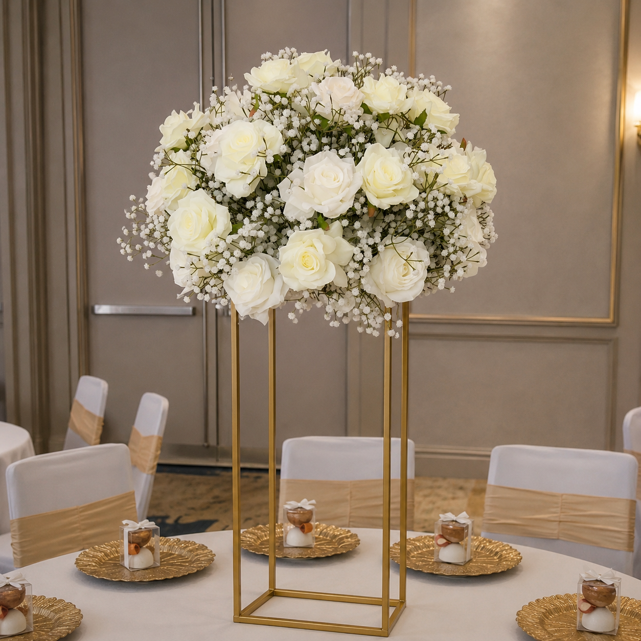 #C0117 - White Ivory Rose Babysbreath Ball 18", $45.00 White Ivory Rose Babysbreath Ball 18"