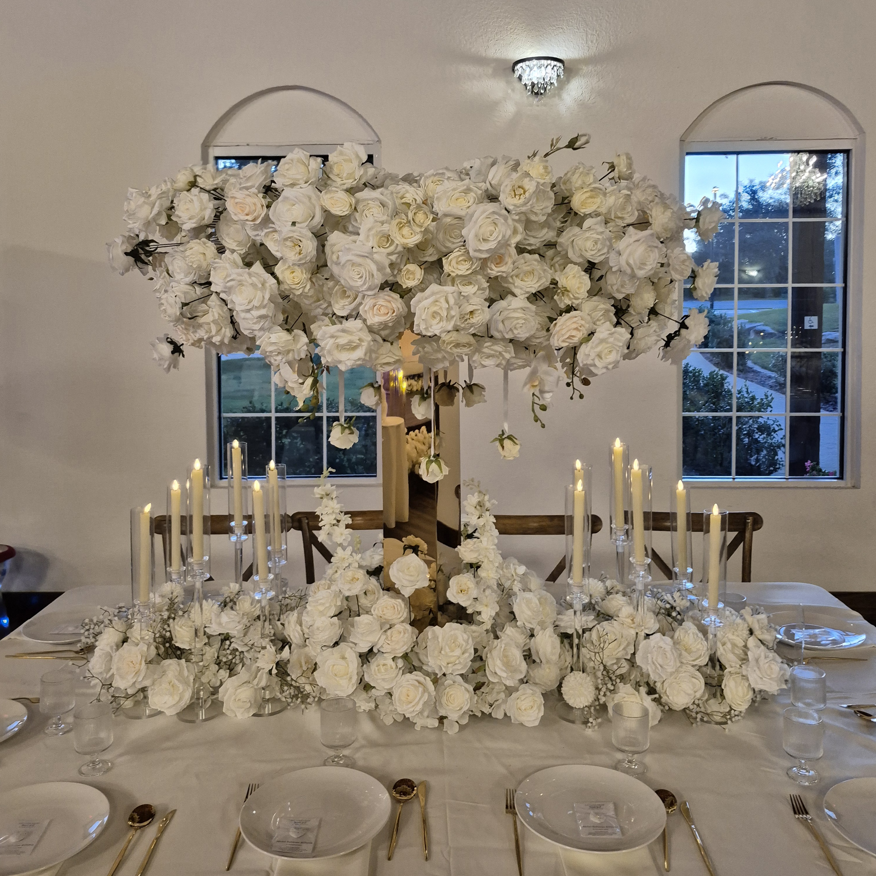 #C0127 - Luxury White Rose Orchid Centerpiece, Gold Stand, 12 Candles, Hanging Roses, $225.00 Luxury White Rose Orchid Centerpiece, Gold Stand, 12 Candles, Hanging Roses