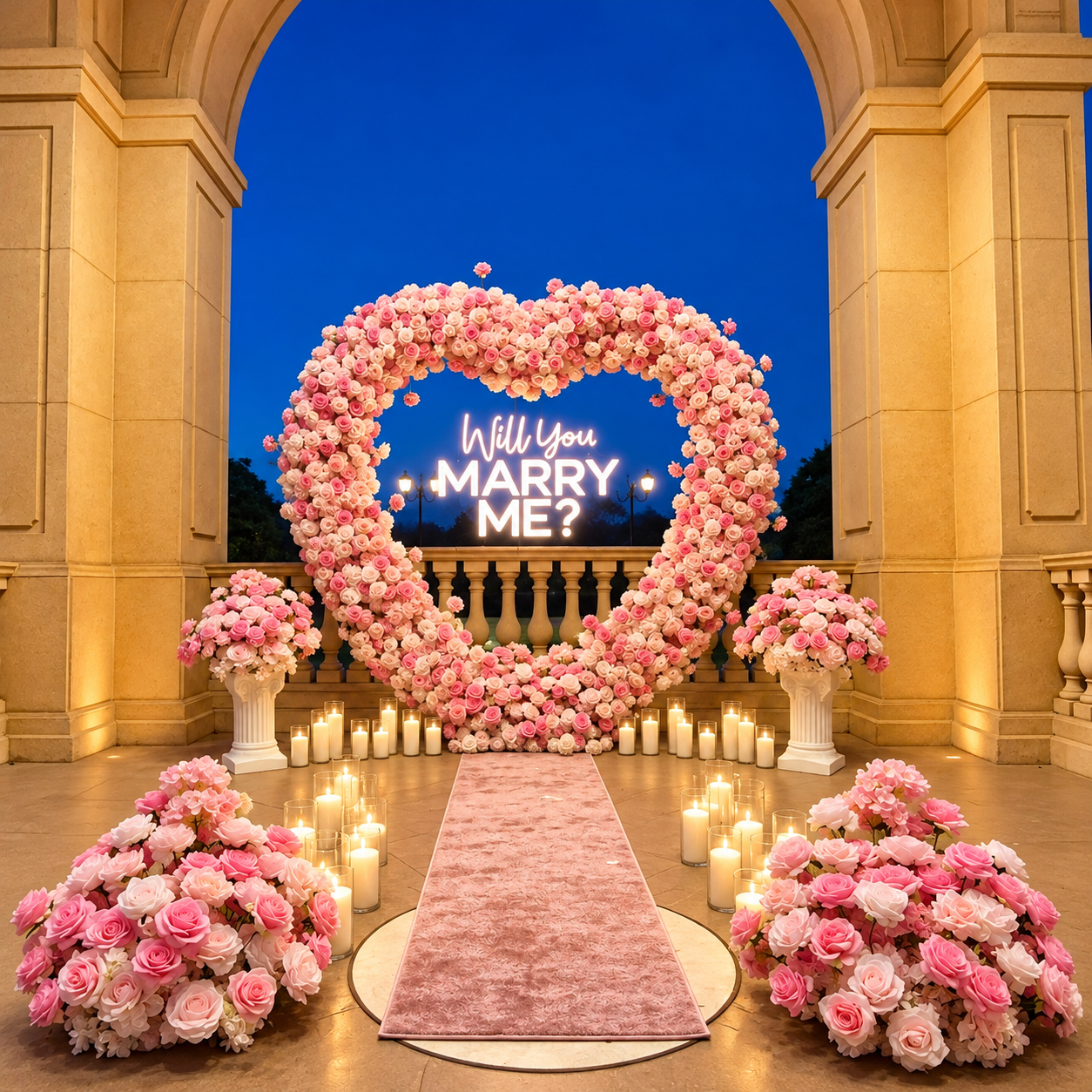 #R0036 - Set: Arch, Neon Sign, 4 Flower Balls, 2 Pedestals, 36 Candles, Carpet, $545.00 Set: Arch, Neon Sign, 4 Flower Balls, 2 Pedestals, 36 Candles, Carpet
