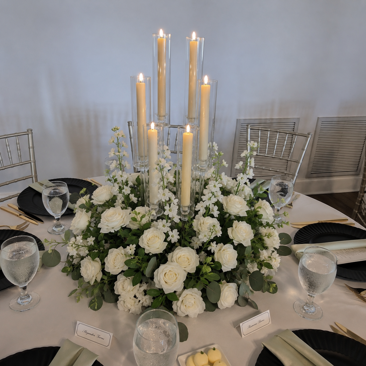 #C0046 - White Rose Greenery Circle Balls & Candelabras, $65.00 White Rose Greenery Circle Balls & Candelabras