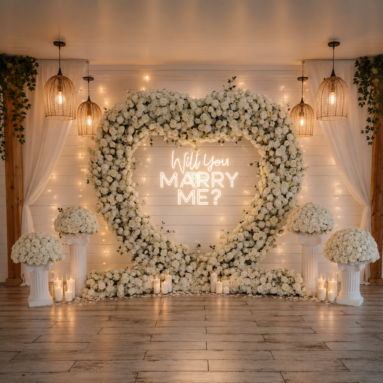 #R0019 - Set: Arch, 12 candles, 2 runners, 4 flower balls, 4 pedestals, Neon Sign, $515.00 Set: Arch, 12 candles, 2 runners, 4 flower balls, 4 pedestals, Neon Sign
