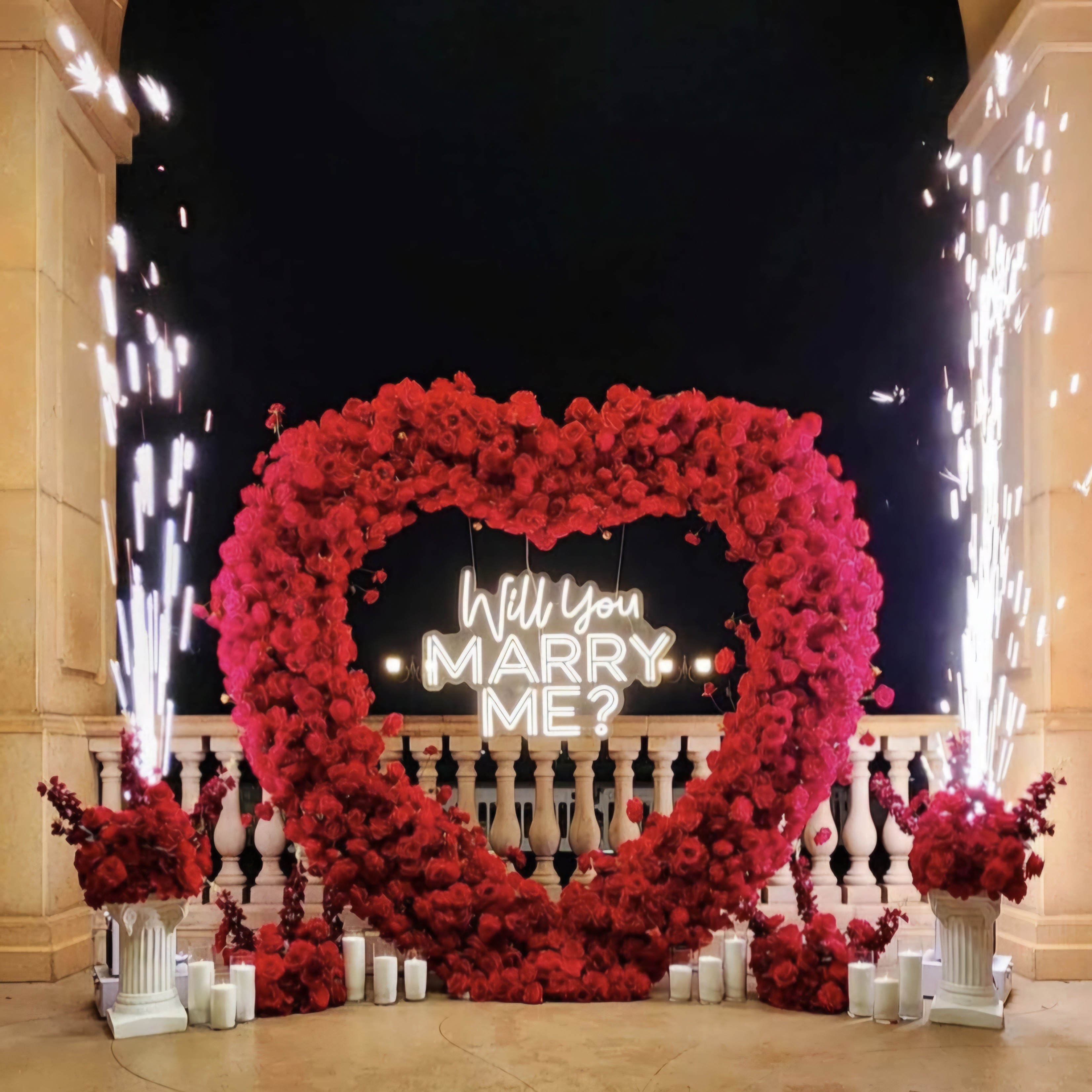 #R0040 - Set: Arch, 2 Sparklers, 4 Flower Balls, 2 Pedestals, 12 Candles, Neon Sign, $525.00 Set: Arch, 2 Sparklers, 4 Flower Balls, 2 Pedestals, 12 Candles, Neon Sign