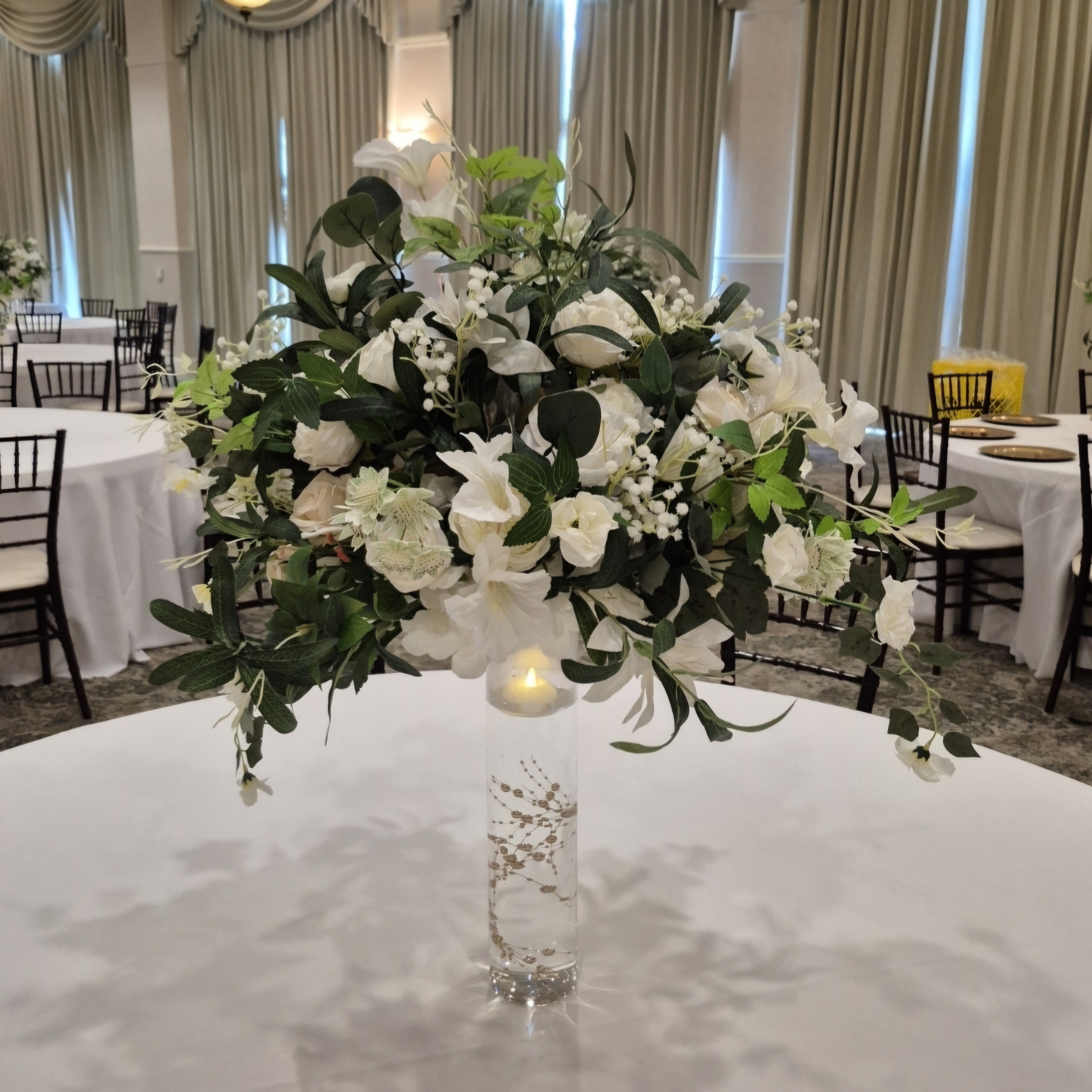 #C0118 - White Rose Greenery Ball 20", Glass Vase 16", Floating Candle & Pearls, $50.00 White Rose Greenery Ball 20", Glass Vase 16", Floating Candle & Pearls