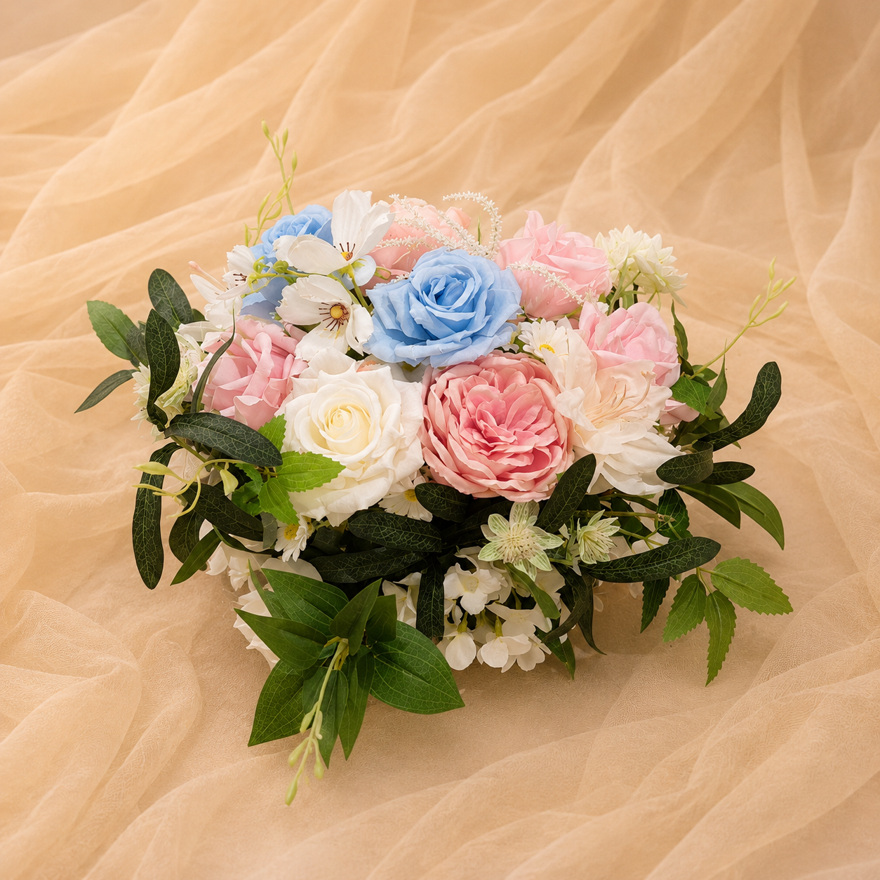 #C0120 - Ivory Pink Blue Rose Greenery Ball 14", $25.00 Ivory Pink Blue Rose Greenery Ball 14"