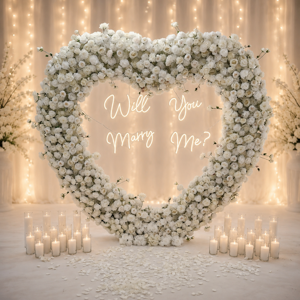 #R0012 - Set: Arch, Neon Sign, 32 Candles with Tall Vases, $435.00 Set: Arch, Neon Sign, 32 Candles with Tall Vases