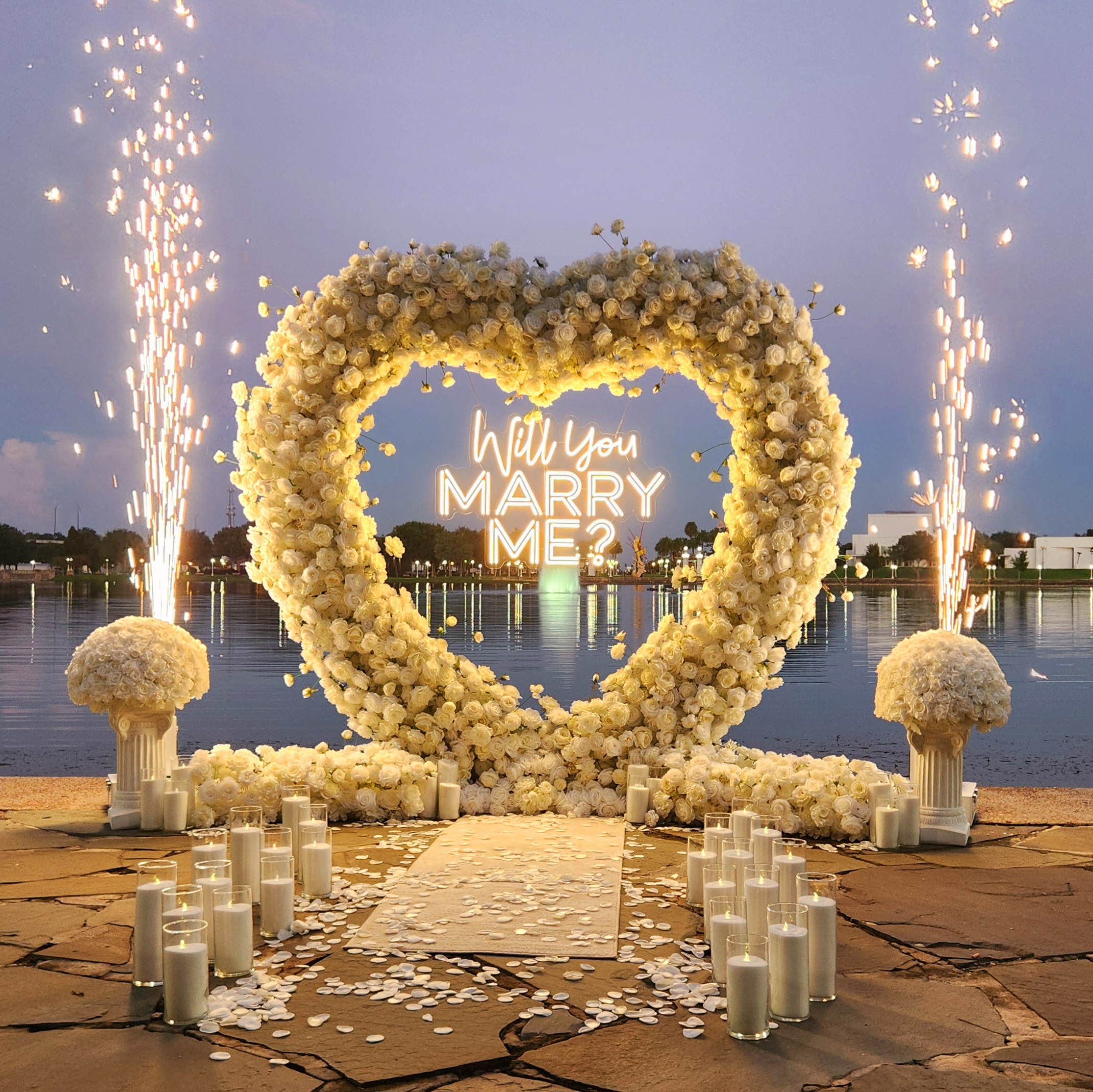 #R0020 - Set: Arch, Neon Sign, 36 candles, 2 Runners, 2 Pedestals, 2 Balls, Carpet, 2 Sparks , $595.00 Set: Arch, Neon Sign, 36 candles, 2 Runners, 2 Pedestals, 2 Balls, Carpet, 2 Sparks