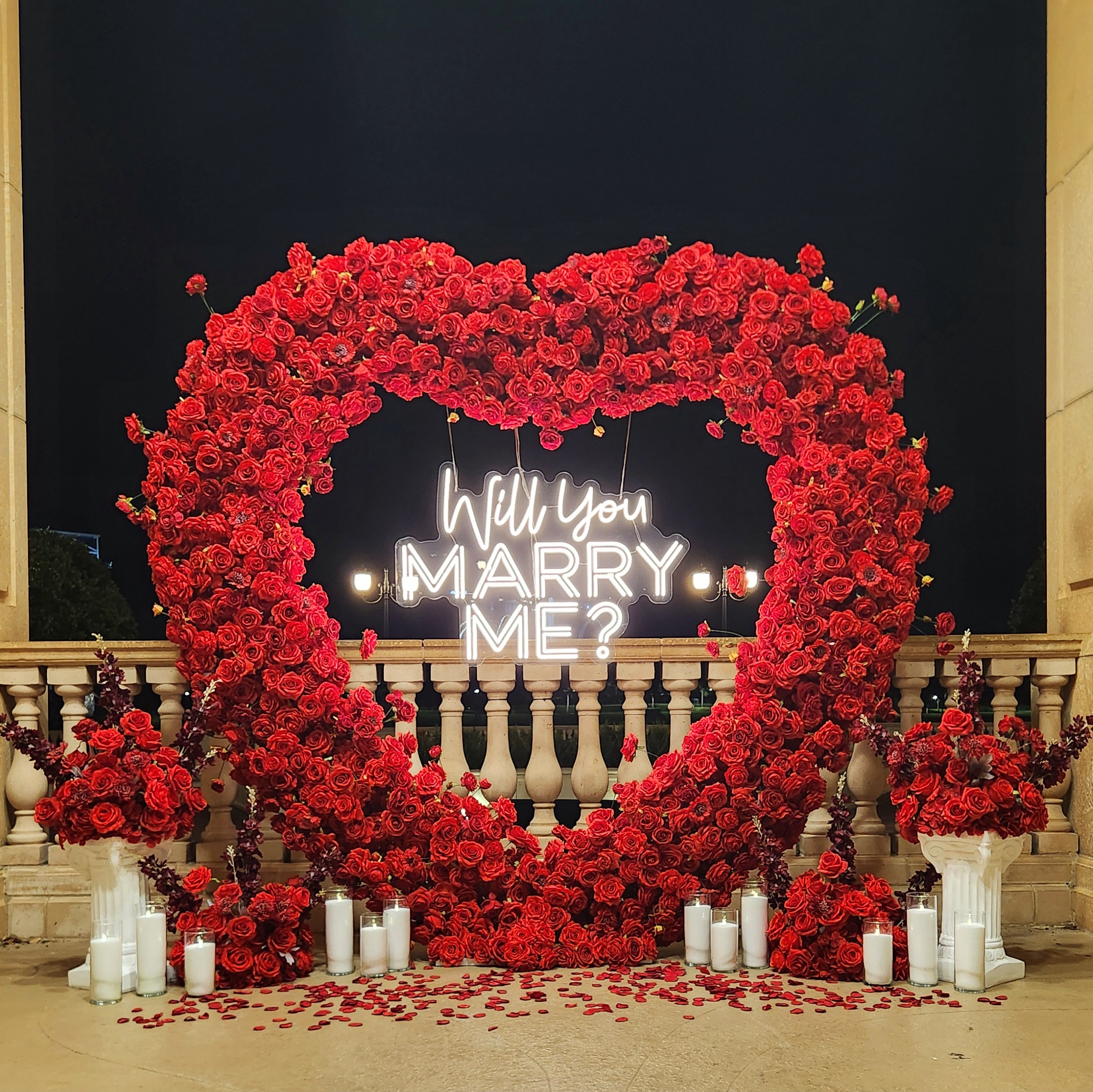 #R0018 - Set: Arch, Neon Sign, 12 Candles, 4 Flower Balls, 2 Pedestals, $435.00 Set: Arch, Neon Sign, 12 Candles, 4 Flower Balls, 2 Pedestals