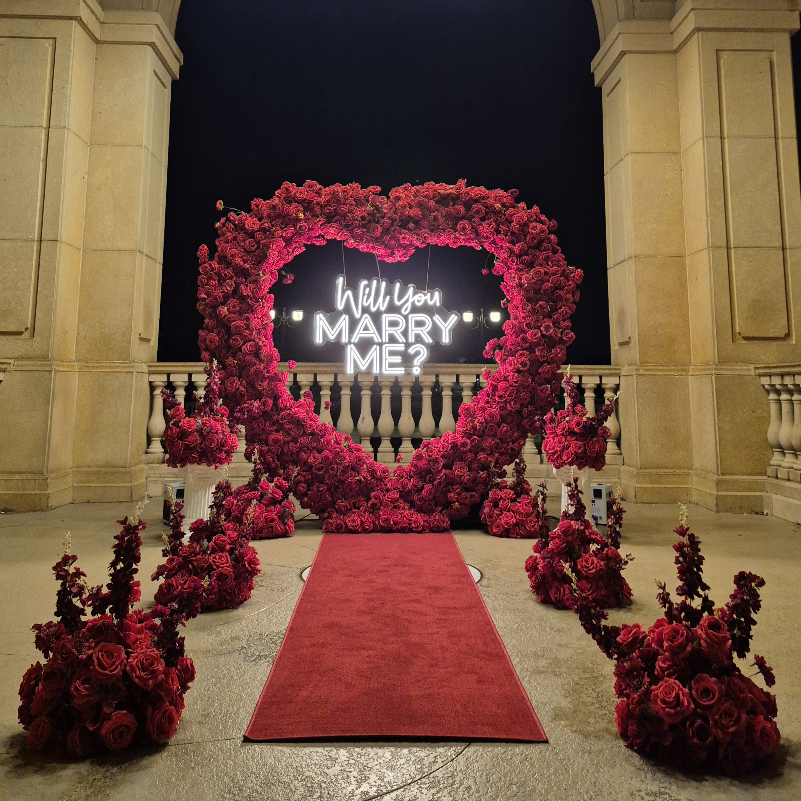 #R0046 - Set: Arch, Neon Sign, 2 Pedestals, 8 Balls, Carpet, $485.00 Set: Arch, Neon Sign, 2 Pedestals, 8 Balls, Carpet