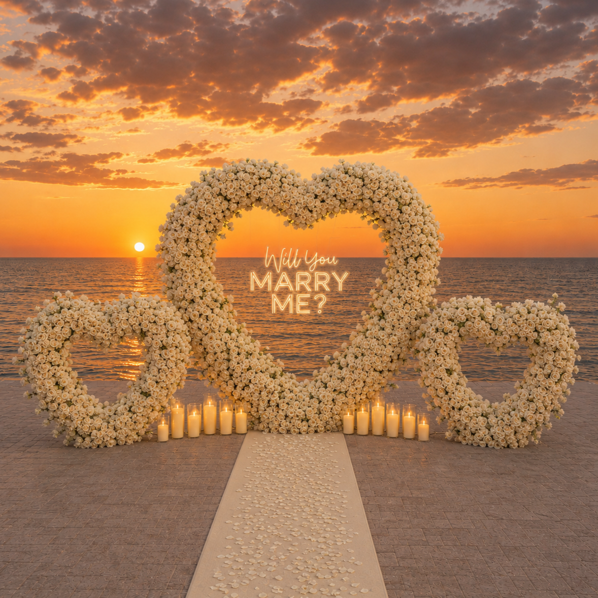 #R0065 - White Rose Triple Hearts, 12 Candles, Neon Sign, Carpet , , $825.00 White Rose Triple Hearts, 12 Candles, Neon Sign, Carpet ,