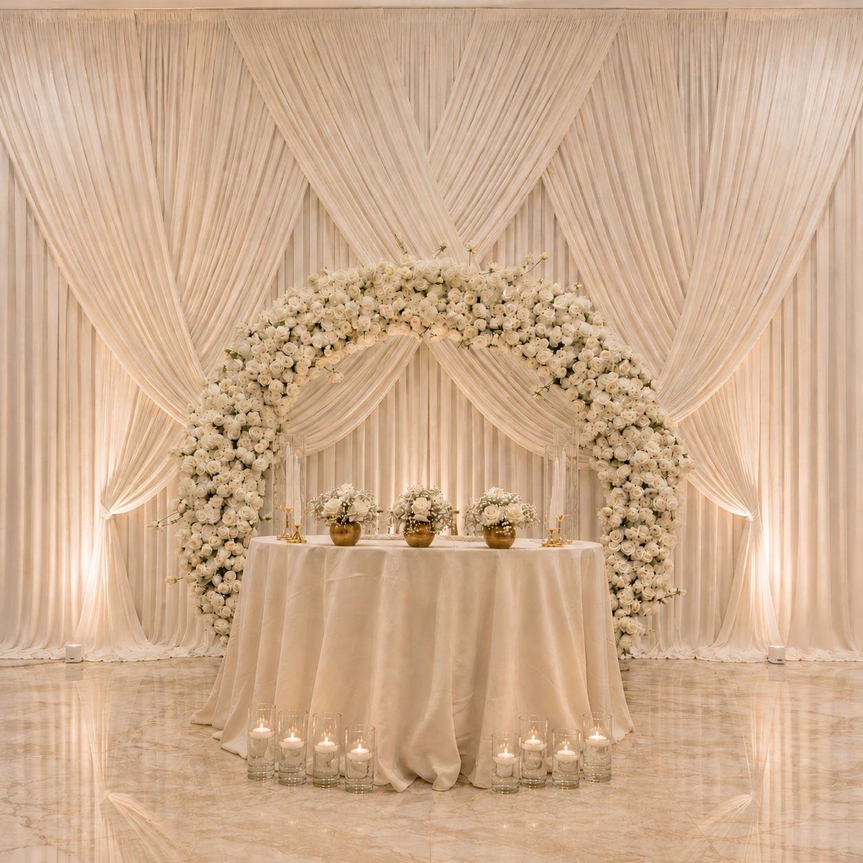#AA0009 - White Rose Round Arch & Drapes Backdrop, $695.00 White Rose Round Arch & Drapes Backdrop