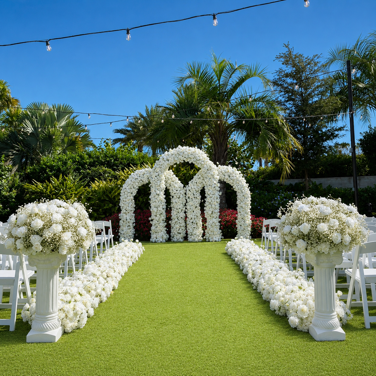 #AD0008 - White Rose Runner, 2 Pedestals, 2 Babysbreath Balls, Triple Arch , $1 380.00 White Rose Runner, 2 Pedestals, 2 Babysbreath Balls, Triple Arch
