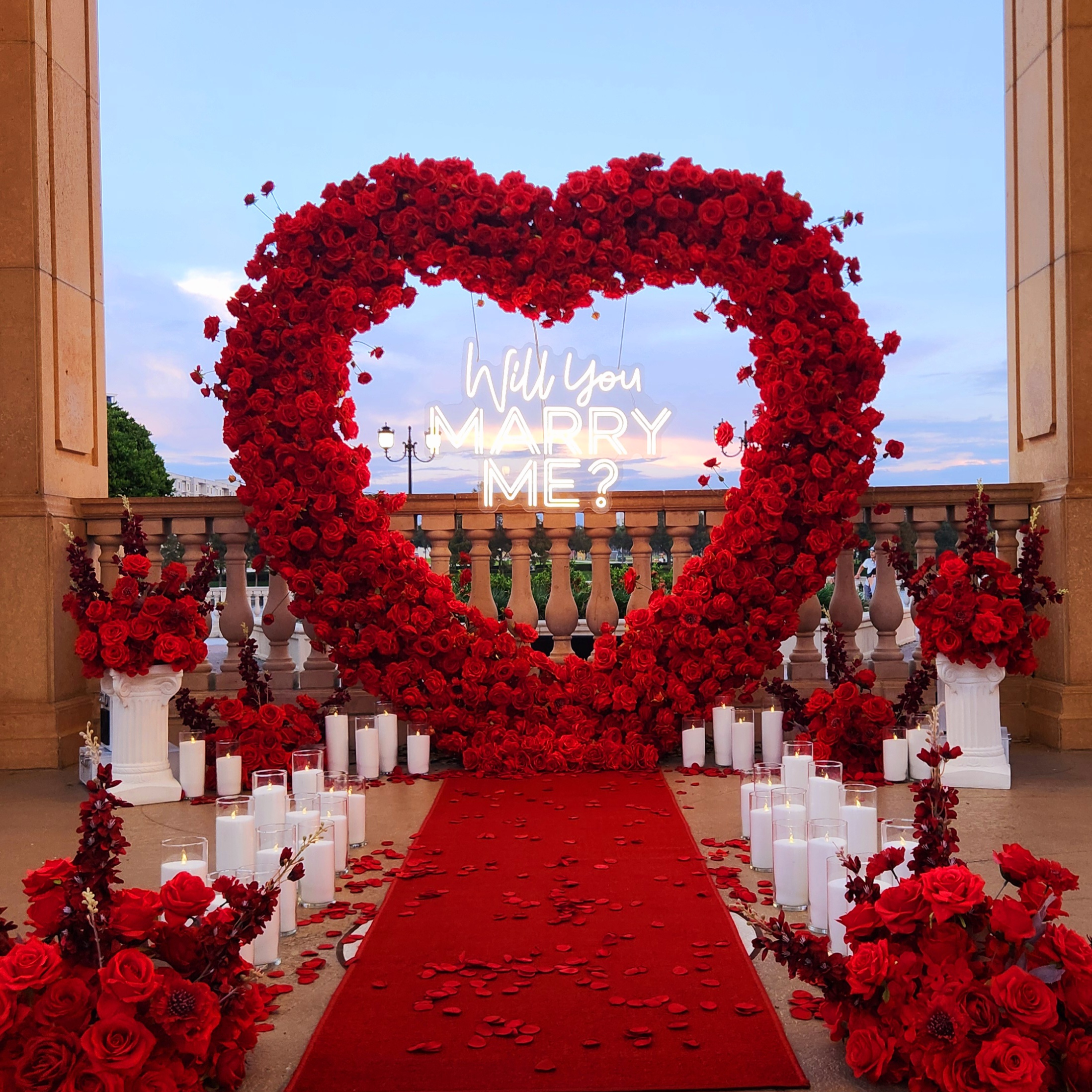 #R0022 - Set: Arch, Neon Sign, 6 Flower Balls, 2 Pedestals, 36 Candles, Carpet, $495.00 Set: Arch, Neon Sign, 6 Flower Balls, 2 Pedestals, 36 Candles, Carpet