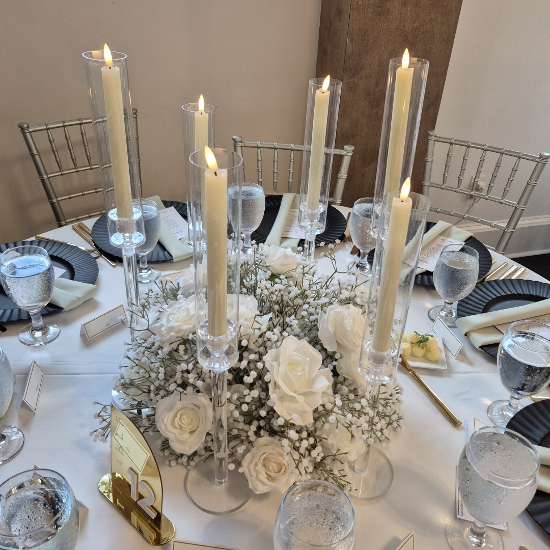 #C0097 - White Rose Babysbreath Centerpiece 17.7" with 6 Tall Candles, $55.00 White Rose Babysbreath Centerpiece 17.7" with 6 Tall Candles