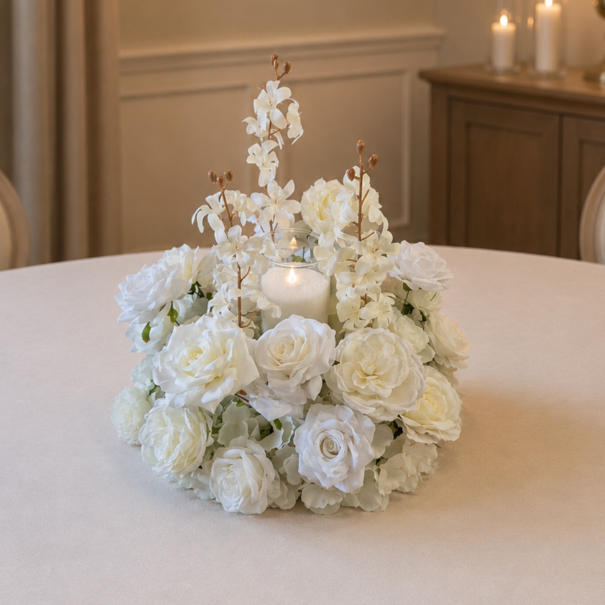 #C0054 - White Rose Circle Centerpieces & 1 Candle, $30.00 White Rose Circle Centerpieces & 1 Candle
