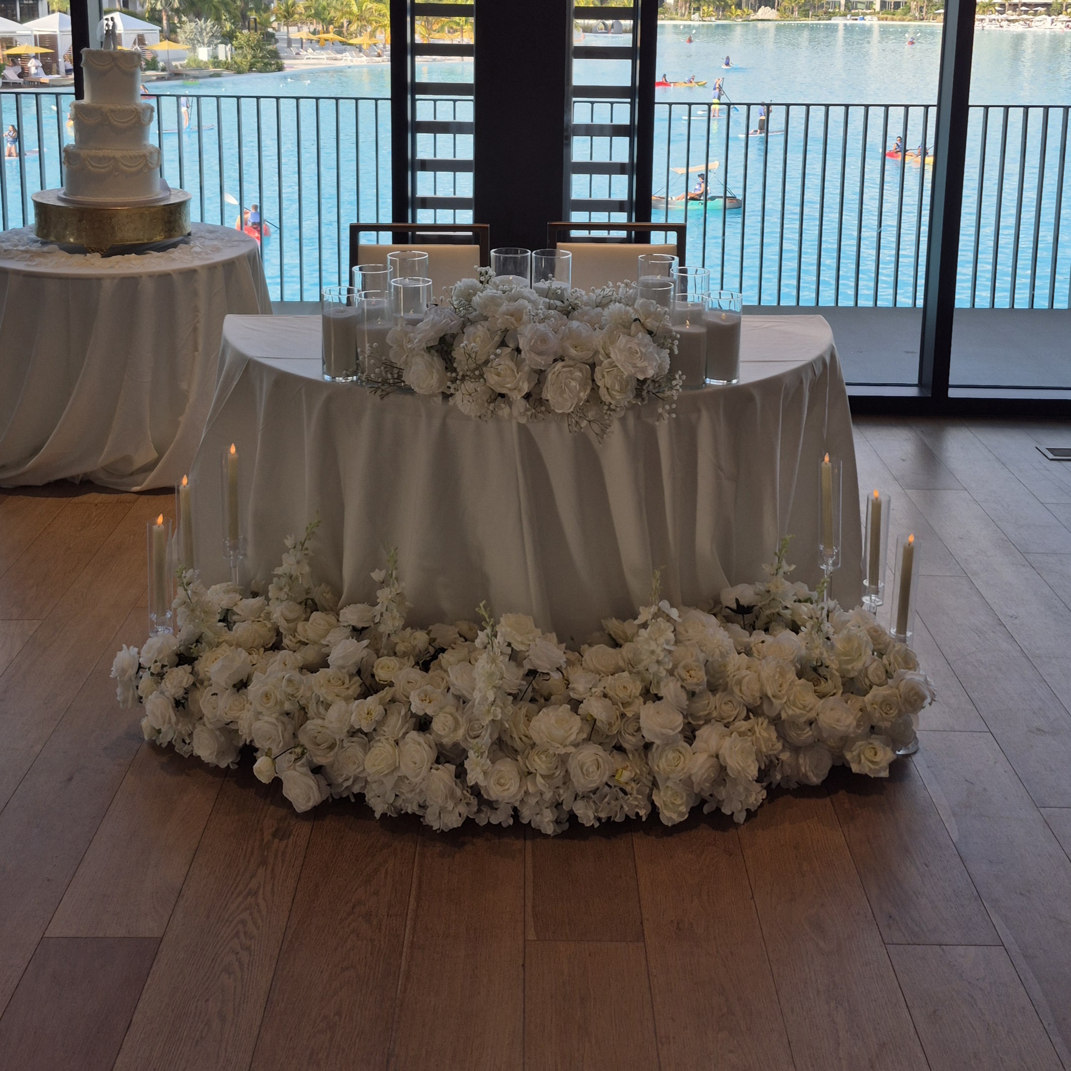 #AA0021 - White Rose Florals, 12 Sand Wax Candles, 7 Tall Clear Candles, $160.00 White Rose Florals, 12 Sand Wax Candles, 7 Tall Clear Candles