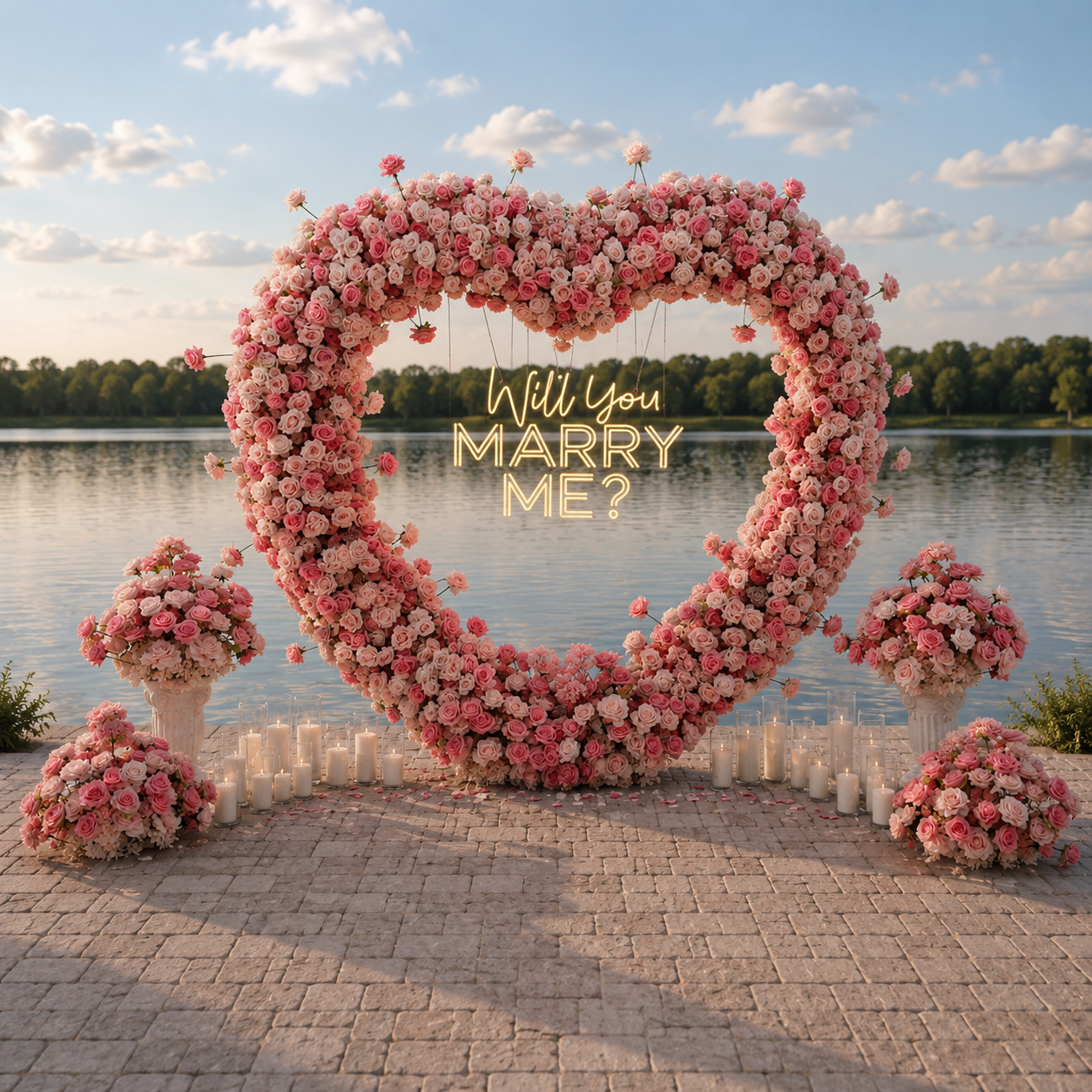 #R0034 - Set: Arch, Neon Sign, 4 Flower Balls, 2 Pedestals, 24 Candles , $510.00 Set: Arch, Neon Sign, 4 Flower Balls, 2 Pedestals, 24 Candles