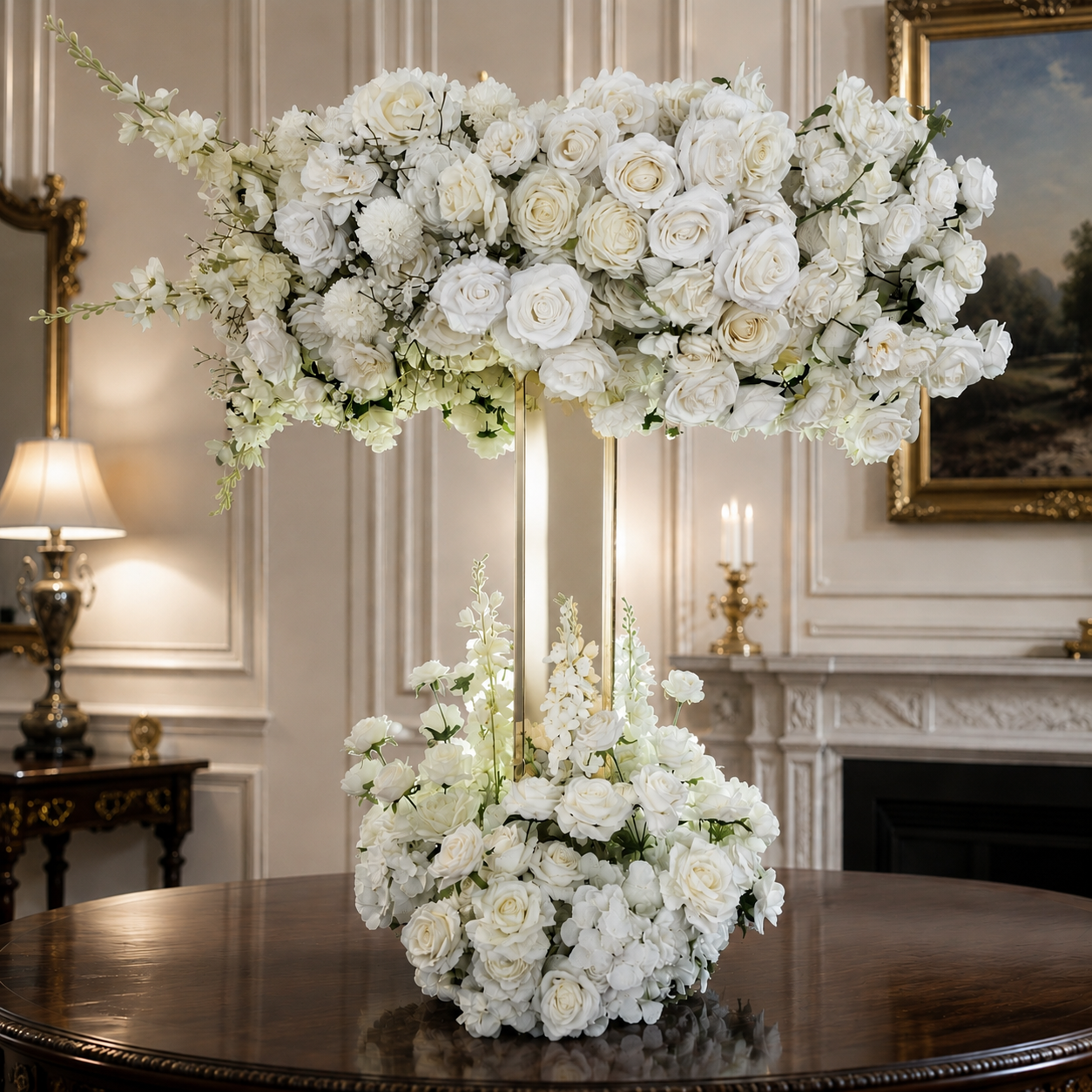 #C0089 - Luxury White Rose Circle Centerpiece + Gold Stand , $145.00 Luxury White Rose Circle Centerpiece + Gold Stand