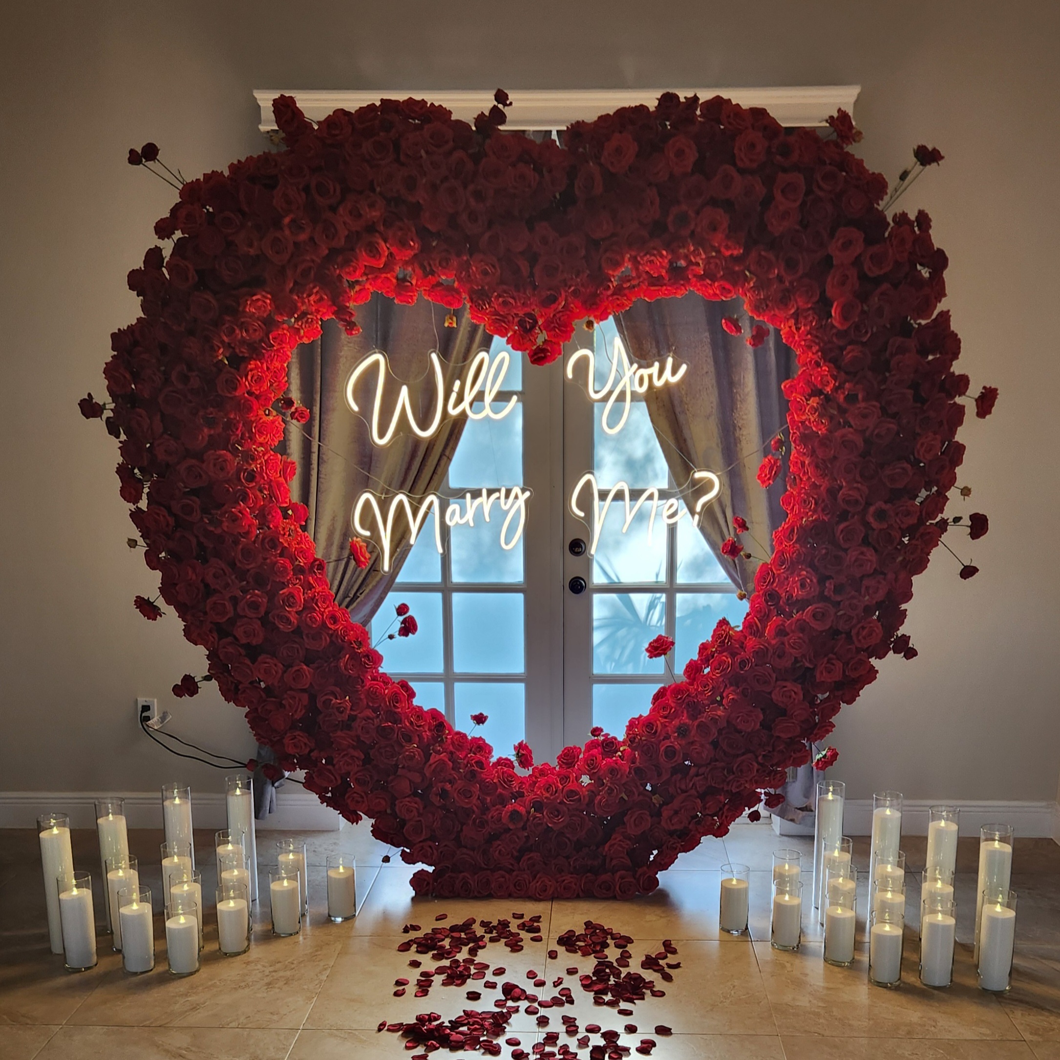 #R0006 - Set: Arch, Neon Sign, 32 Candles with Tall Vases, $435.00 Set: Arch, Neon Sign, 32 Candles with Tall Vases