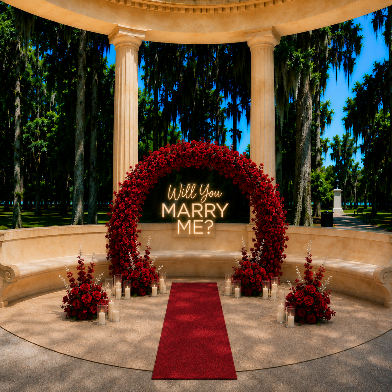 #R0073 - Red Rose Round Arch, Neon Sign, 4 Flower Balls, 36 Candles, Carpet, $535.00 Red Rose Round Arch, Neon Sign, 4 Flower Balls, 36 Candles, Carpet