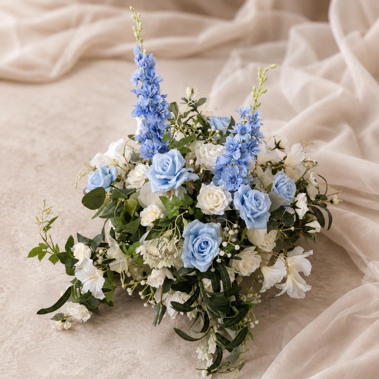 #C0137 - White Blue Rose Delphinium Greenery Ball 20", $50.00 White Blue Rose Delphinium Greenery Ball 20"