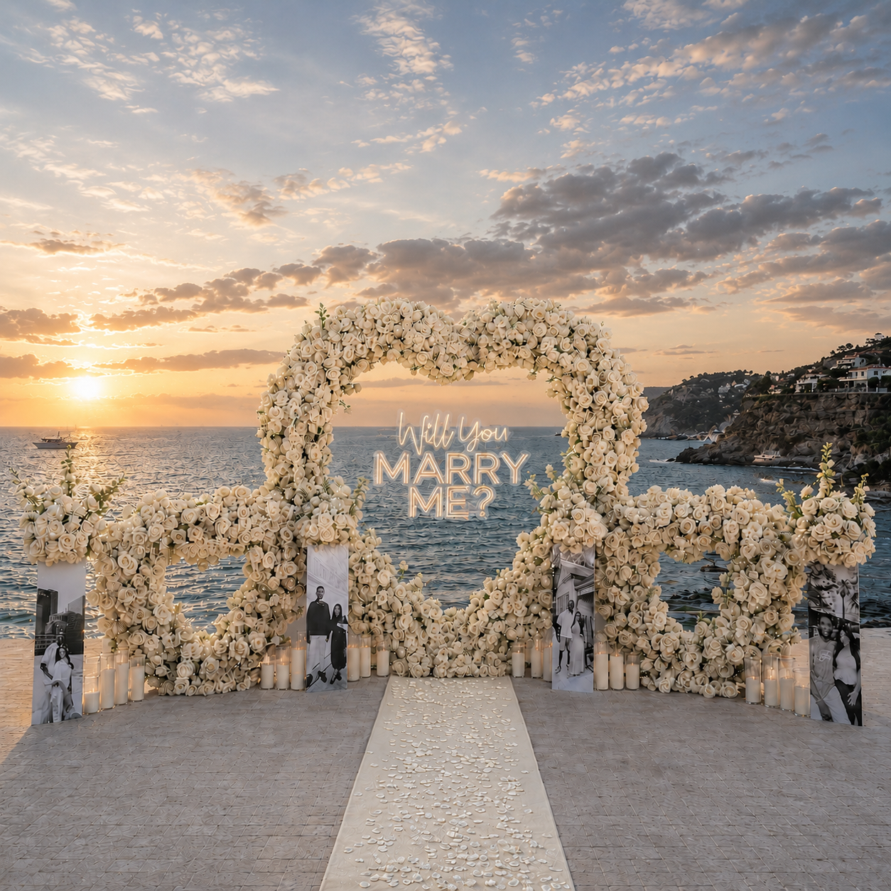 #R0063 - White Rose Triple Hearts, 4 Photo-boards, 24 Candles, 4 Balls, Neon Sign, Carpet, $1 145.00 White Rose Triple Hearts, 4 Photo-boards, 24 Candles, 4 Balls, Neon Sign, Carpet