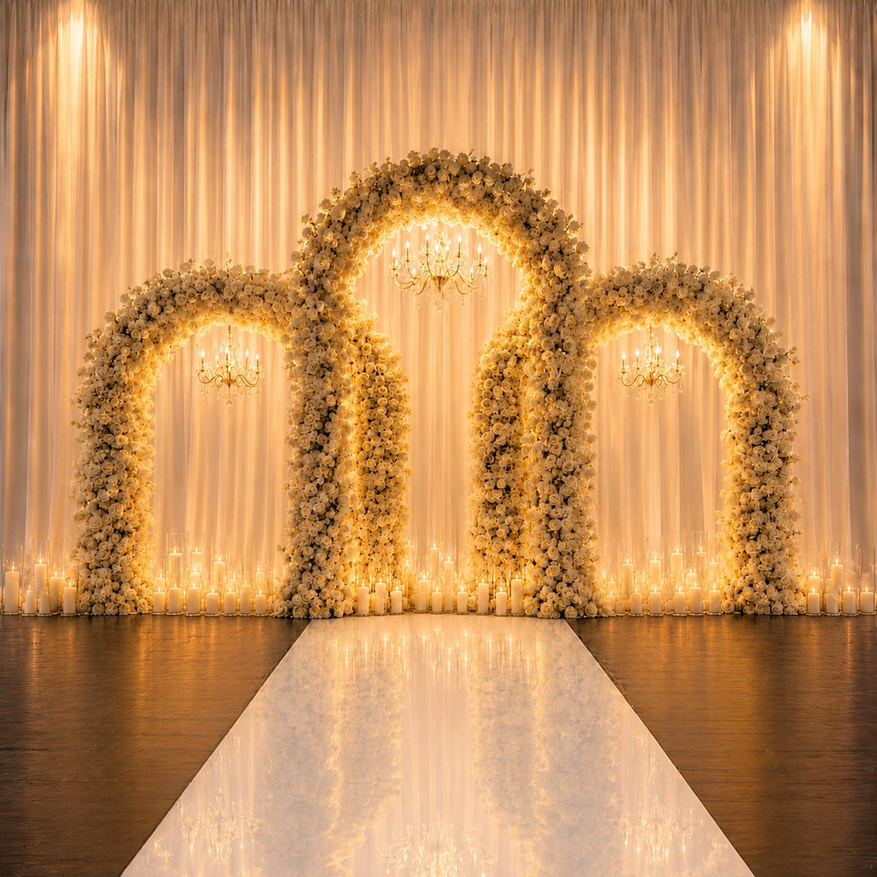 #B0066 - White Rose Triple Arch, 3 Chandeliers, 36 Candles, $990.00 White Rose Triple Arch, 3 Chandeliers, 36 Candles