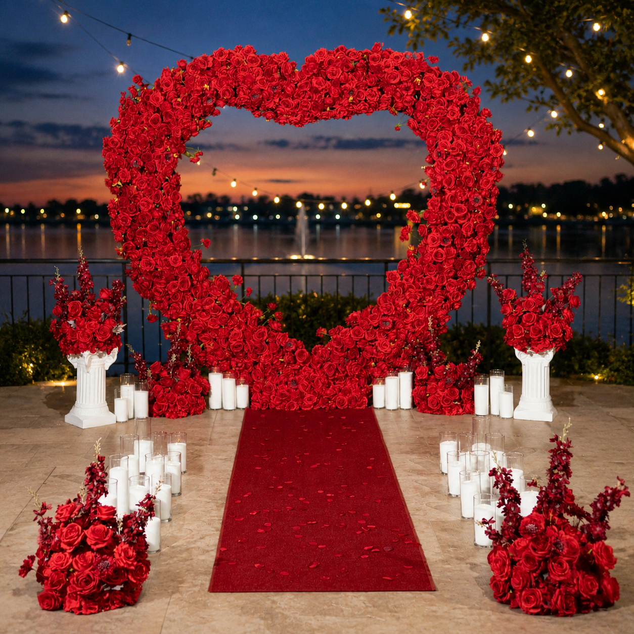 #AD0014 - Luxury Red Rose Heart-Shaped Arch, 6 Balls, 2 Pedestals, 36 Candles, Carpet, $625.00 Luxury Red Rose Heart-Shaped Arch, 6 Balls, 2 Pedestals, 36 Candles, Carpet