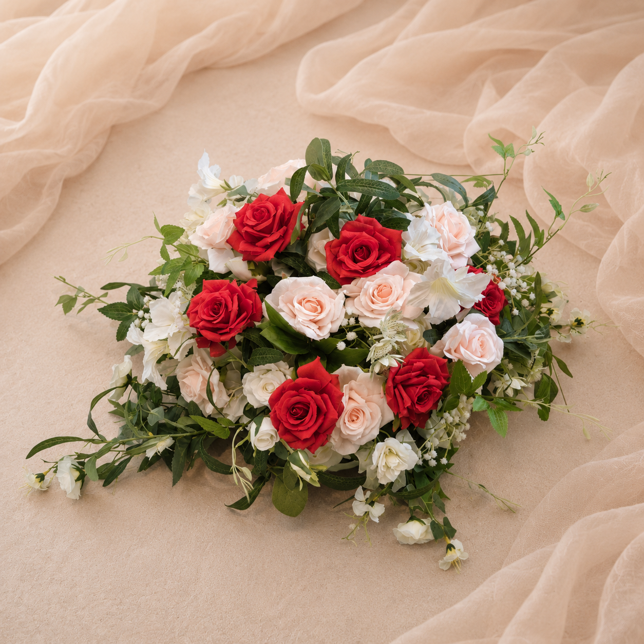 #C0144 - White Red Peach Rose Greenery Ball 20in, $45.00 White Red Peach Rose Greenery Ball 20in