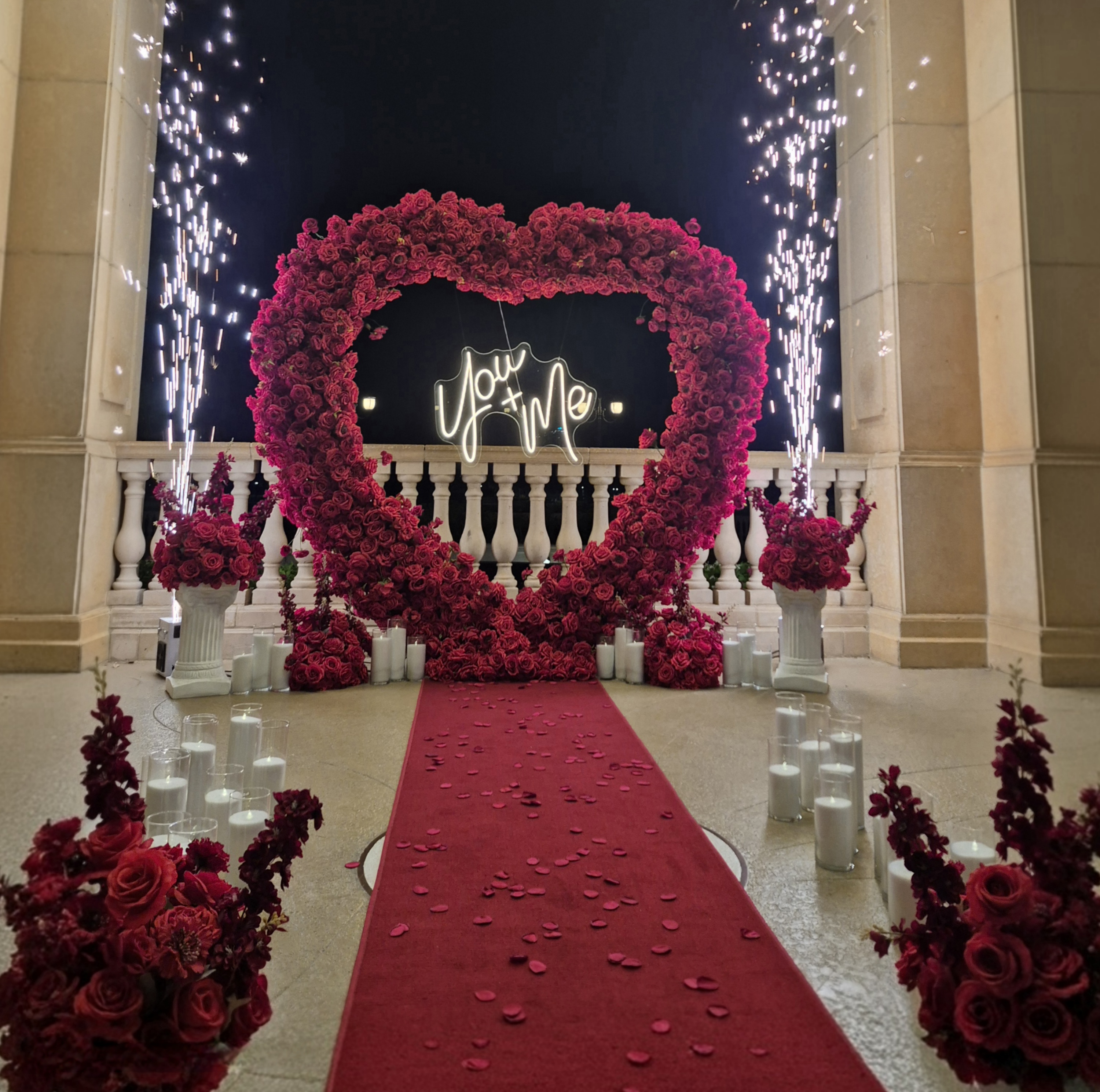 #R0050 - Set: Arch, Sign "You+Me, 6 Balls, 2 Pedestals, 2 Sparklers, 36 Candles, Carpet , $595.00 Set: Arch, Sign "You+Me, 6 Balls, 2 Pedestals, 2 Sparklers, 36 Candles, Carpet
