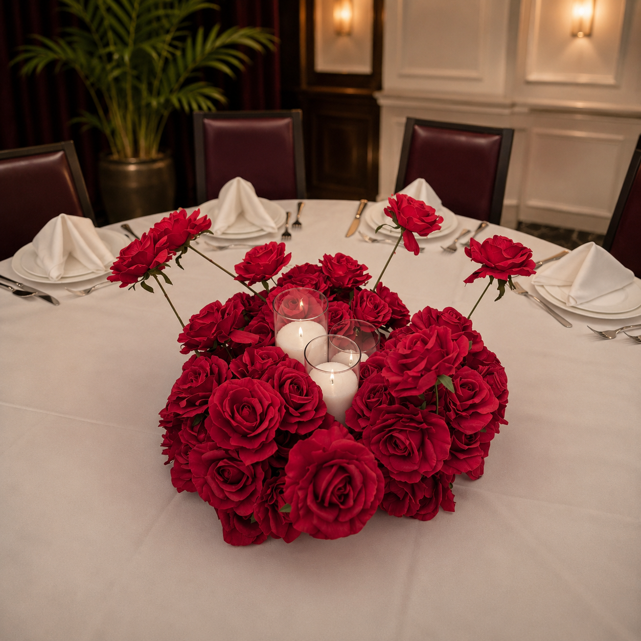 #C0134 - Red Rose Centerpiece & 3 Candles, $50.00 Red Rose Centerpiece & 3 Candles