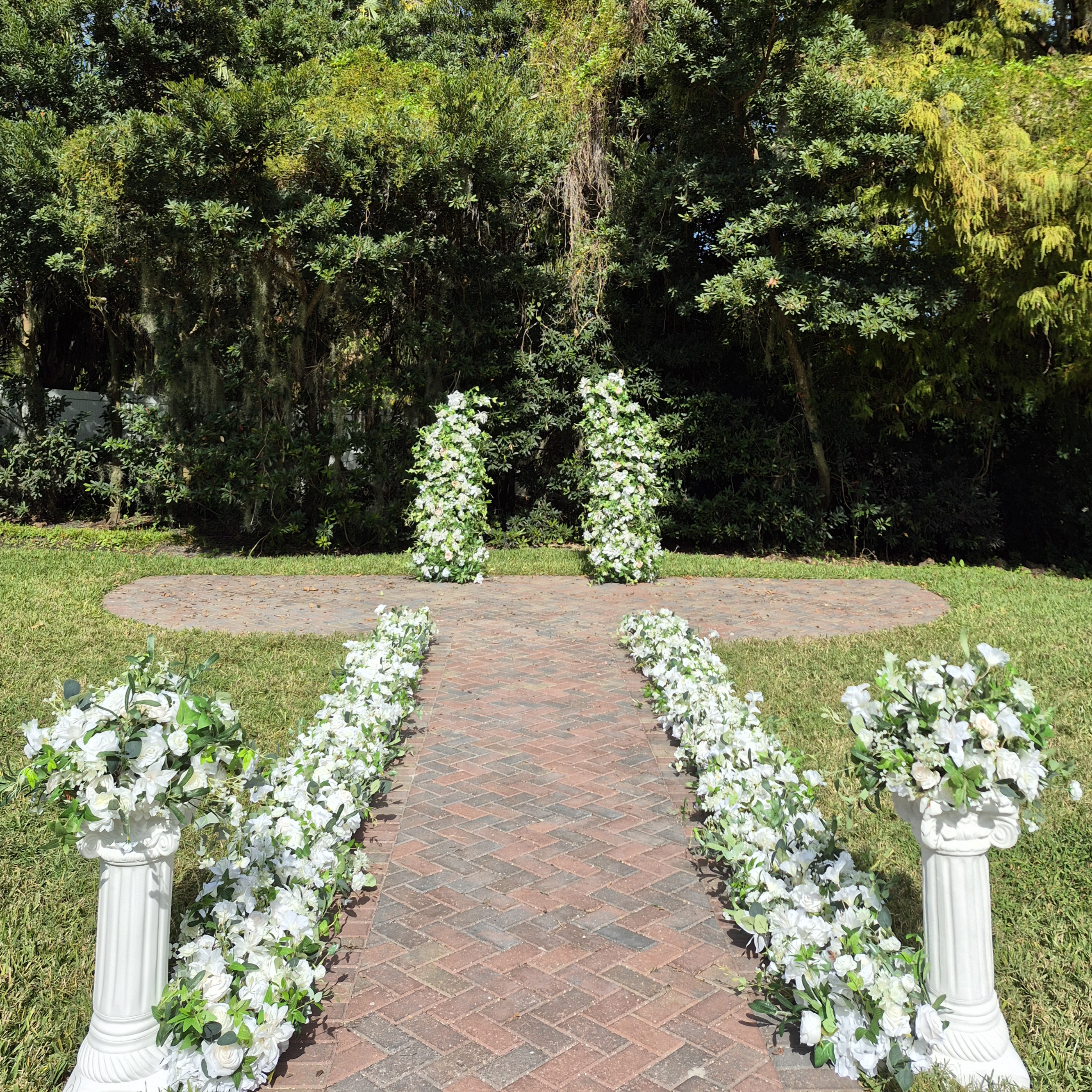 #AD0009 - White Rose Greenery Double Stand Arch, 2 Pedestals, 2 Balls, Flower Runners , $740.00 White Rose Greenery Double Stand Arch, 2 Pedestals, 2 Balls, Flower Runners
