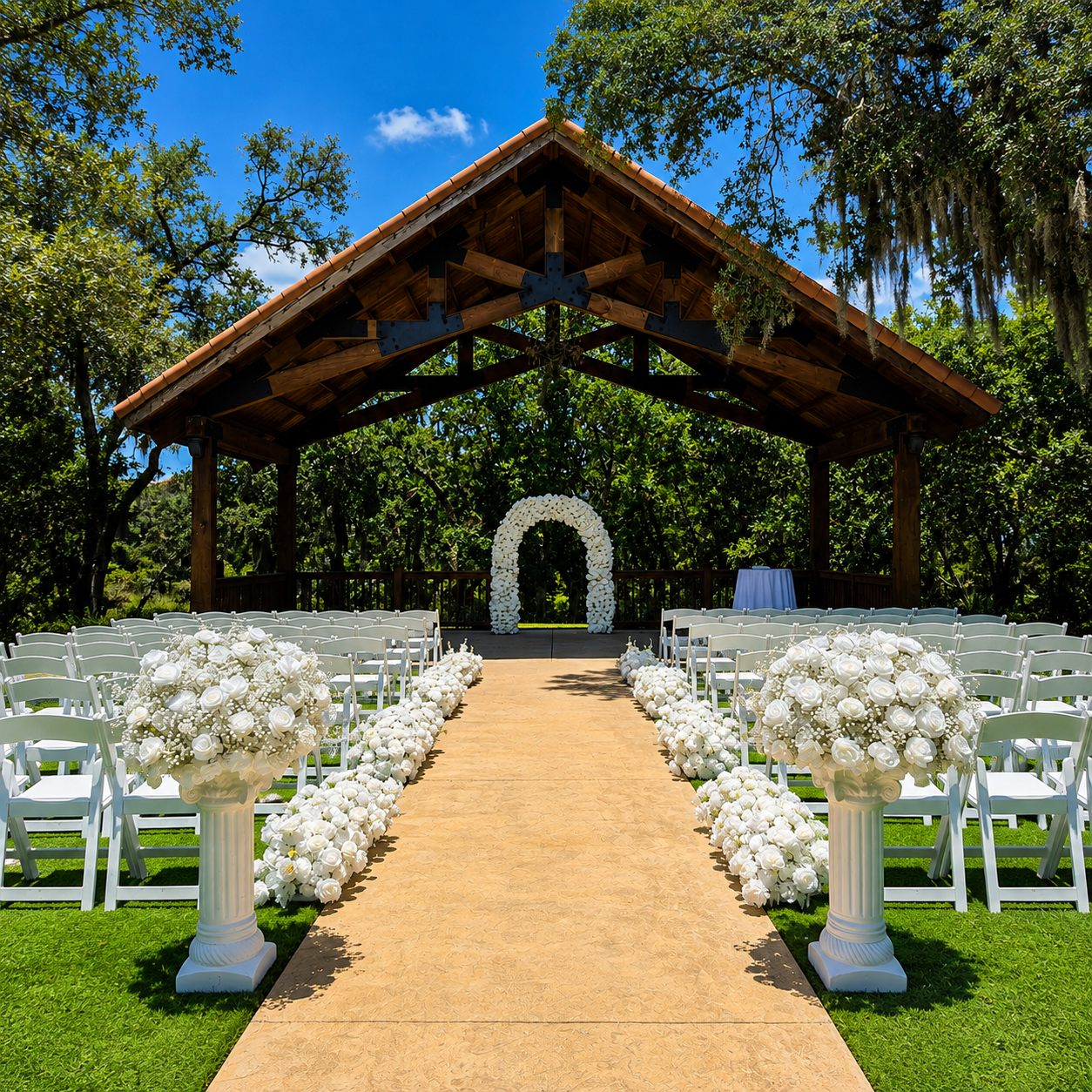 #AD0019 - White Rose U-frame Arch, 8 Flower Runners, 2 Pillars, 2 Flower BallsCeremony Set, $745.00 White Rose U-frame Arch, 8 Flower Runners, 2 Pillars, 2 Flower BallsCeremony Set