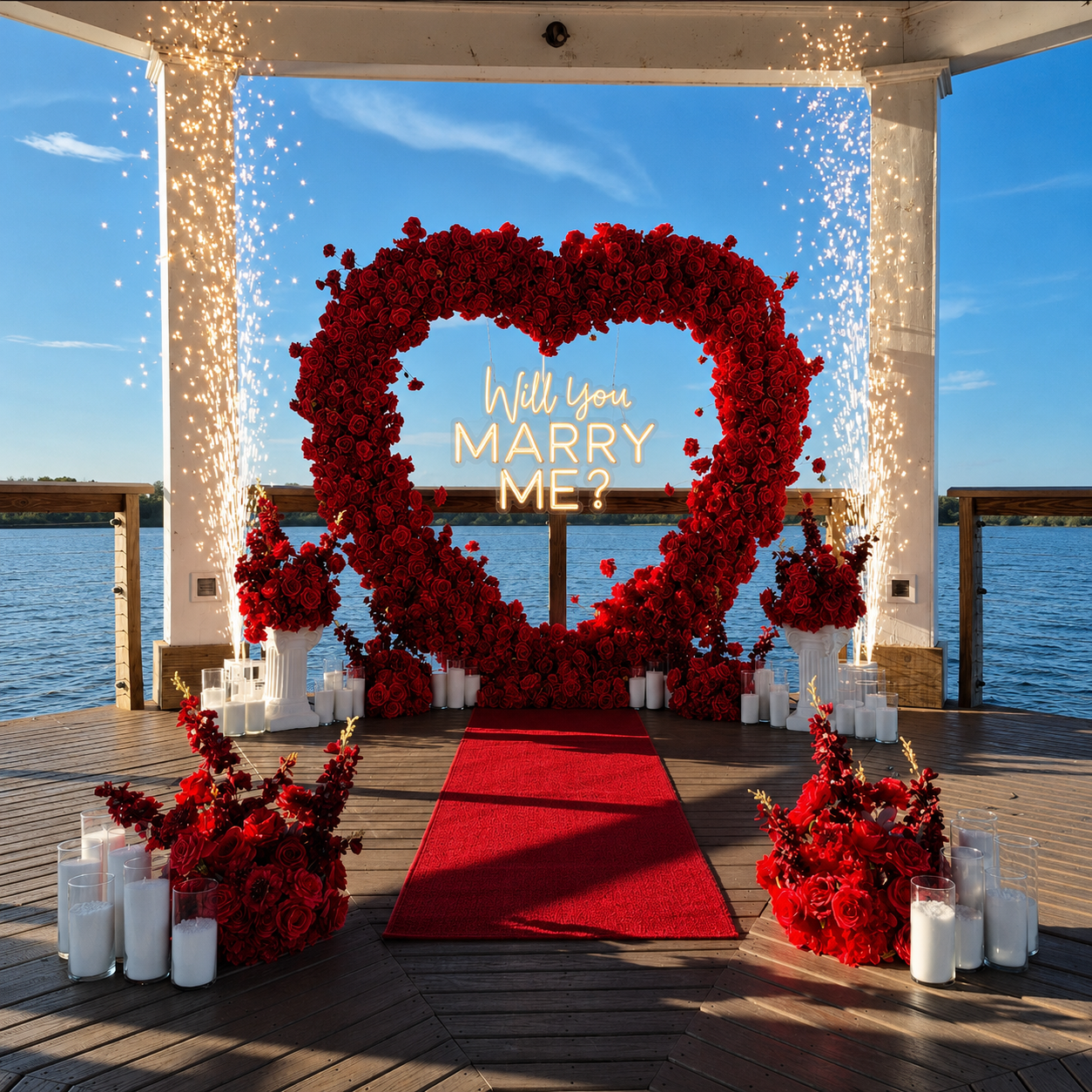 #R0038 - Set: Arch, Neon Sign, 2 sparklers, 36 candles, 2 Pedestals, 6 Balls, Carpet , $595.00 Set: Arch, Neon Sign, 2 sparklers, 36 candles, 2 Pedestals, 6 Balls, Carpet