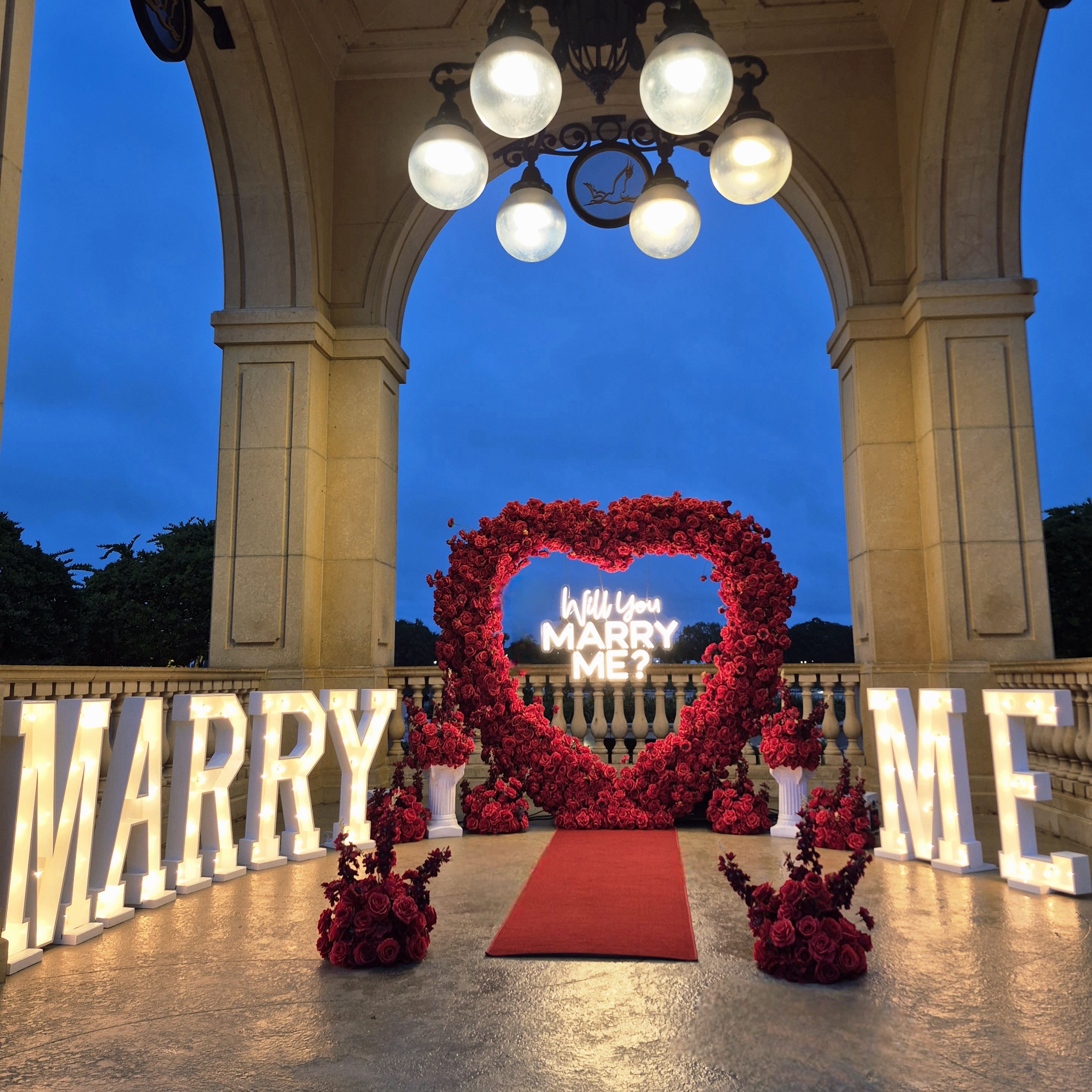#R0047 - Set: Marquee Letters, Arch, Neon Sign, 2 Pedestals, 8 Balls, Carpet, $835.00 Set: Marquee Letters, Arch, Neon Sign, 2 Pedestals, 8 Balls, Carpet