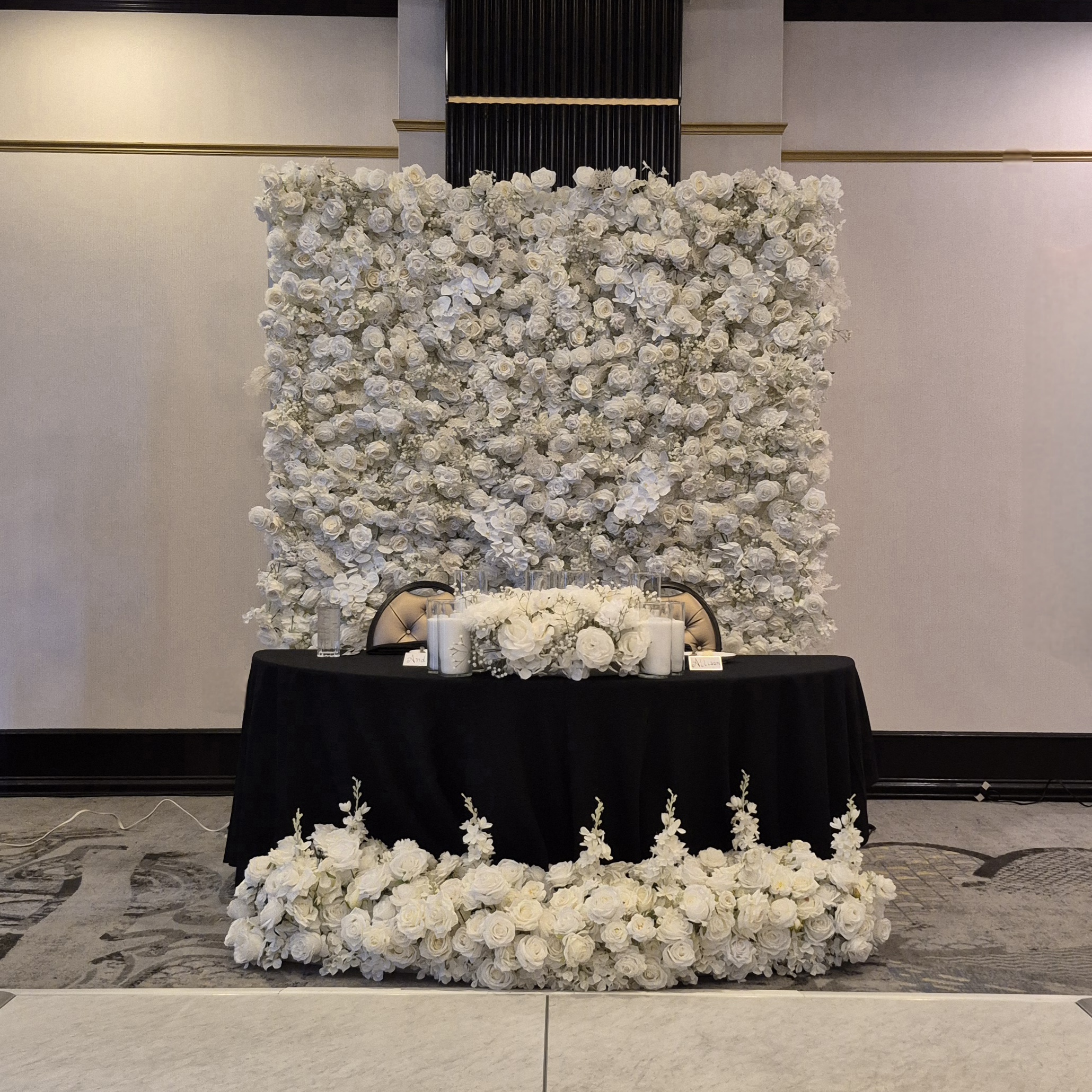 #AA0027 - White Rose Orchid Wall, 12 Candles, Flower Runners , $440.00 White Rose Orchid Wall, 12 Candles, Flower Runners