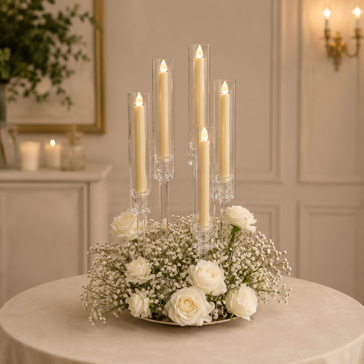 #C0065 - White Rose Babysbreath Candelabras, $55.00 White Rose Babysbreath Candelabras